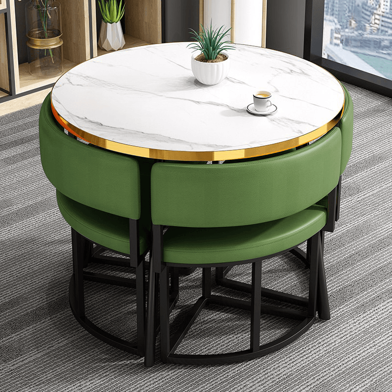 Art Deco Circular-shaped Upholstered Chair Metal & Faux Wood Dining Table Set with Upholstered Back in White, 5 Pieces thumbnail 26