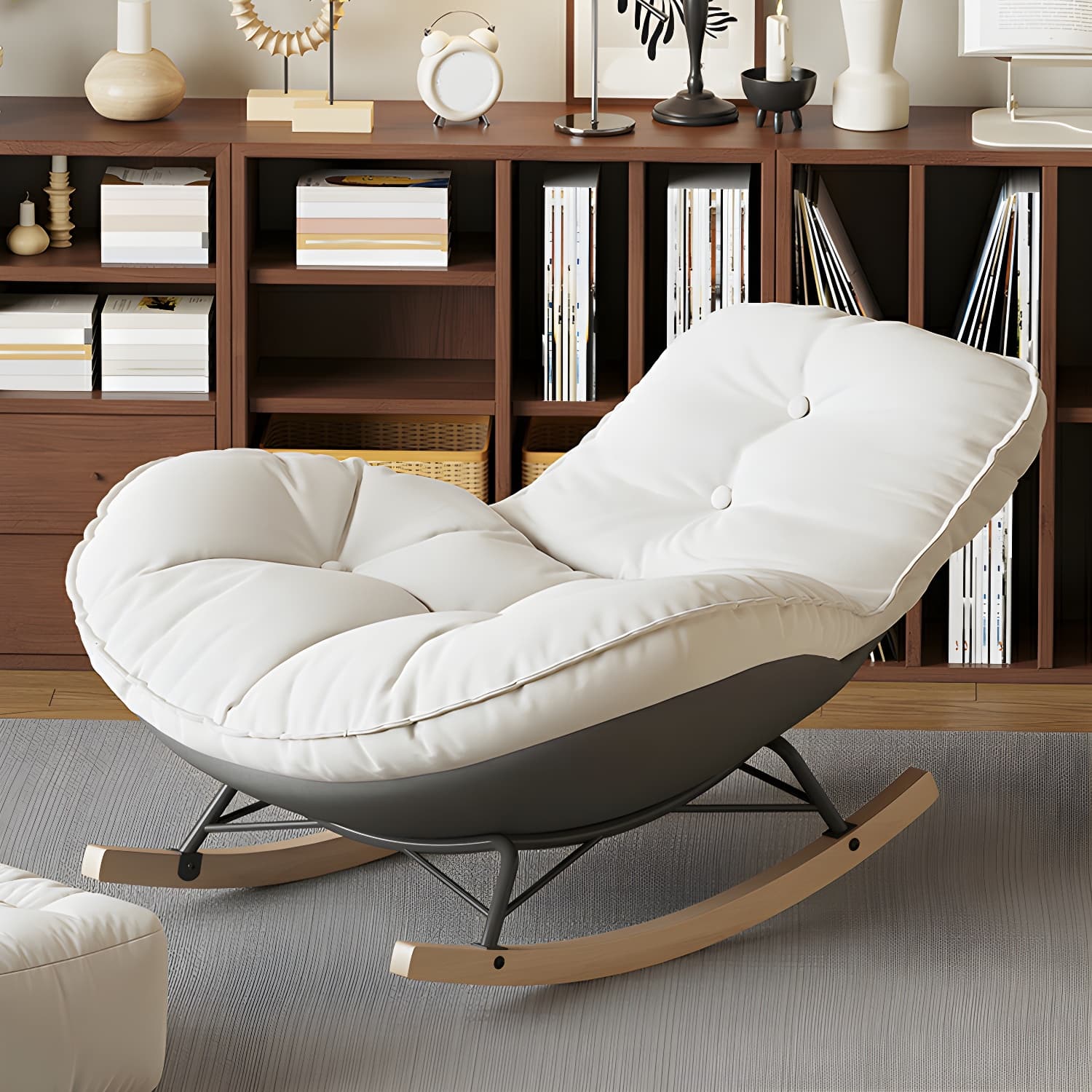 Contemporary Upholstered Rocking Chair with White Tufted Flannel Cushion and Solid Wood Legs thumbnail 8