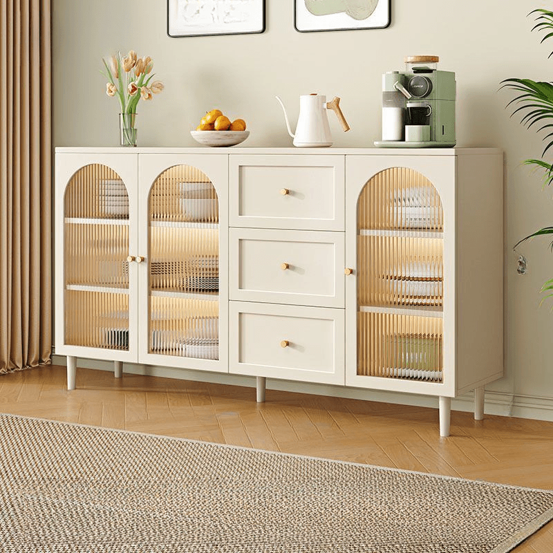 White Trendy Sideboard with 3 Drawers, Narrow/Standard Size, 3/6 Shelves, Lumber Countertop, and Glass-panel Door thumbnail 12