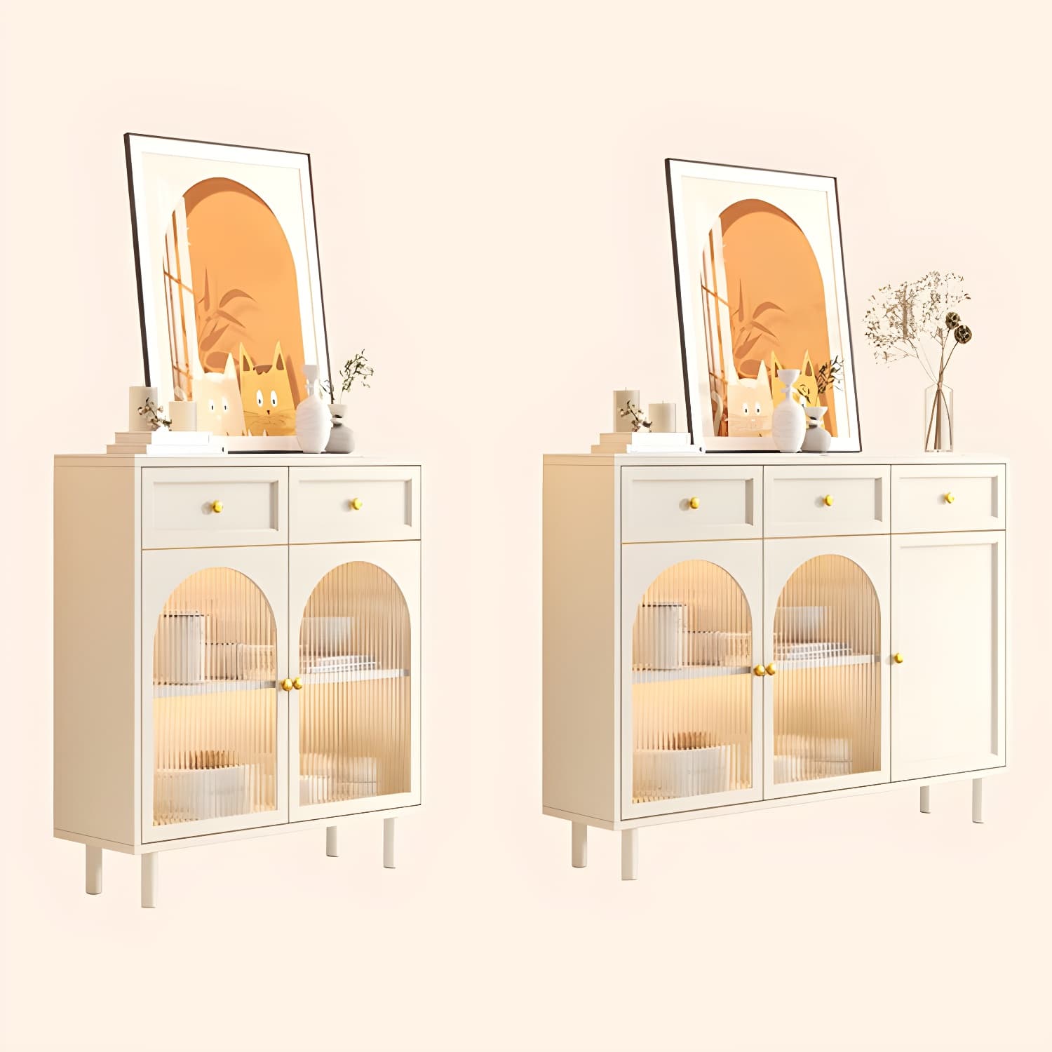 Scandinavian Wood Buffet Sideboard with Stone Countertop and Glass Doors thumbnail 11