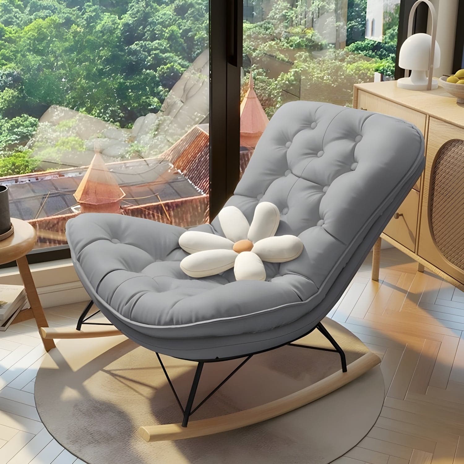 Contemporary Rocking Chair with Spindle Back, Tufted Upholstered and Wood Legs thumbnail 3