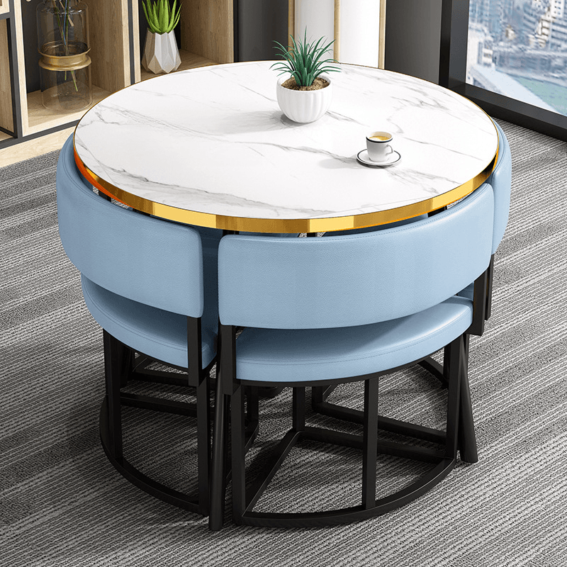 Art Deco Circular-shaped Upholstered Chair Metal & Faux Wood Dining Table Set with Upholstered Back in White, 5 Pieces thumbnail 7