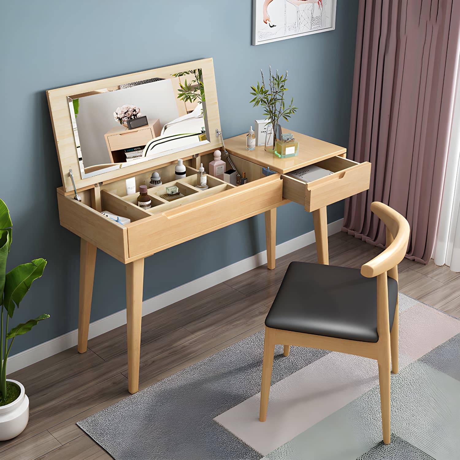 Scandinavian Solid Wood Vanity Makeup Table Set 1 Drawer Flip-Top Dressing Table thumbnail 3