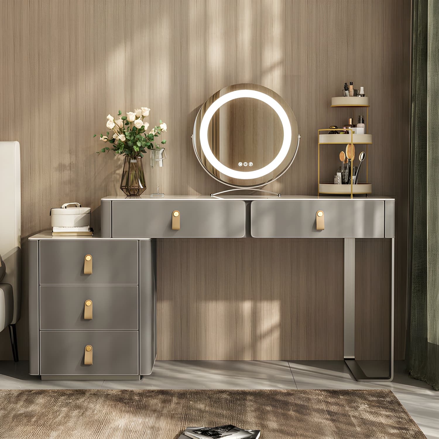 Contemporary 5-Drawer Wood Frame Slate Top Makeup Vanity Desk Table in Gray thumbnail 1