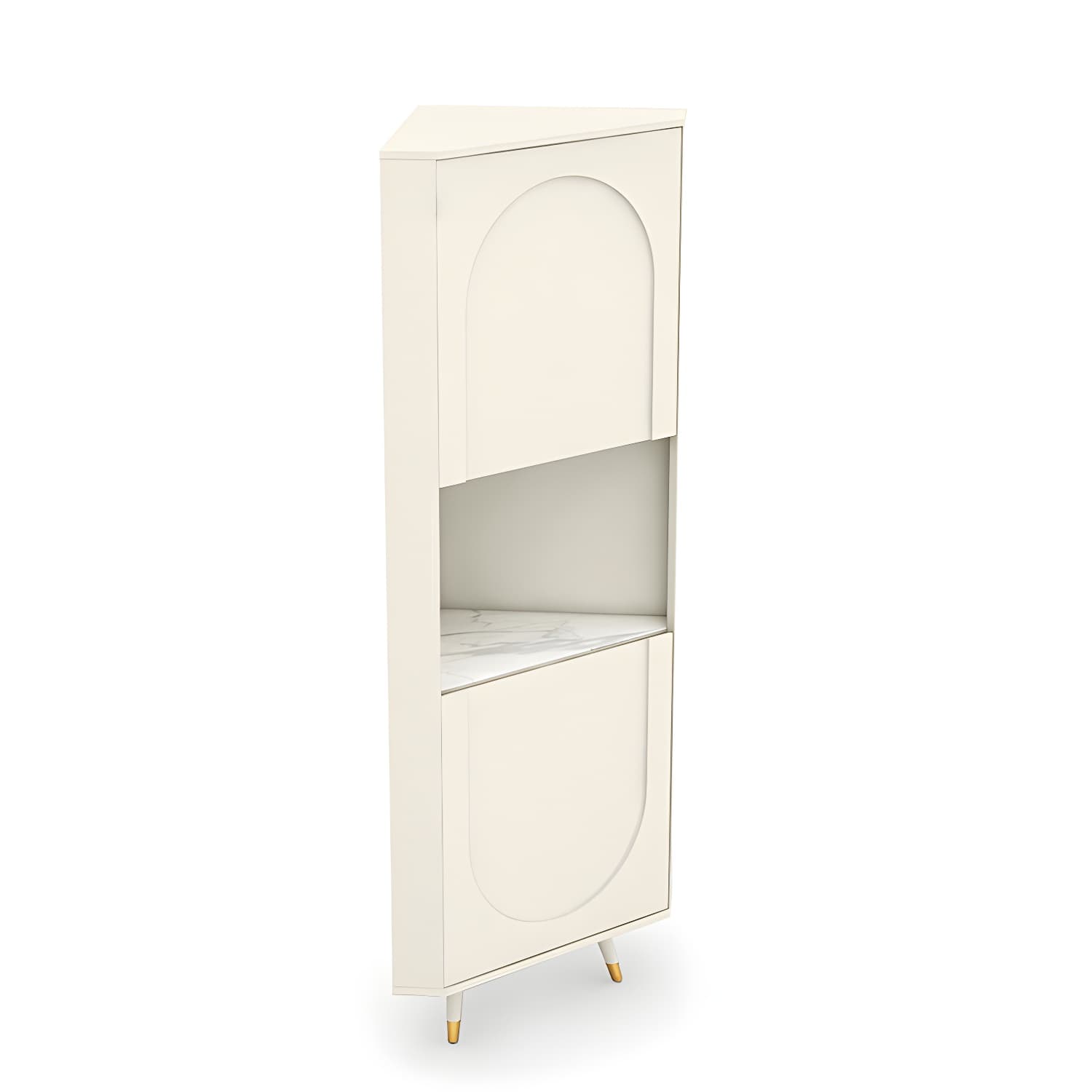 Modern White Corner Accent Cabinet with Stone Counter Top, 2 Cabinets, and 6 Shelves thumbnail 5