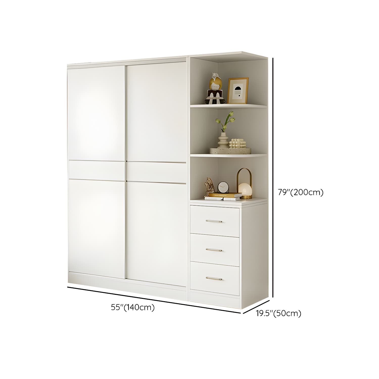 Modern White Wood Wardrobe Armoire with Sliding Doors, Shelves, and Soft Close Drawers thumbnail 25