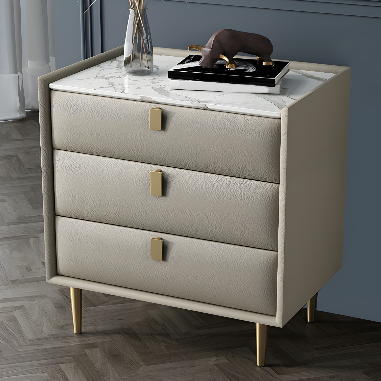 Modern Faux Leather Nightstand with Drawer Storage in Standard Height thumbnail 4