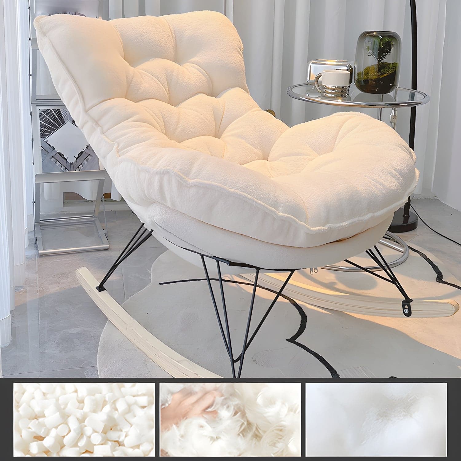 Modern Tufted Upholstered Rocking Chair with Natural Wood Legs thumbnail 5
