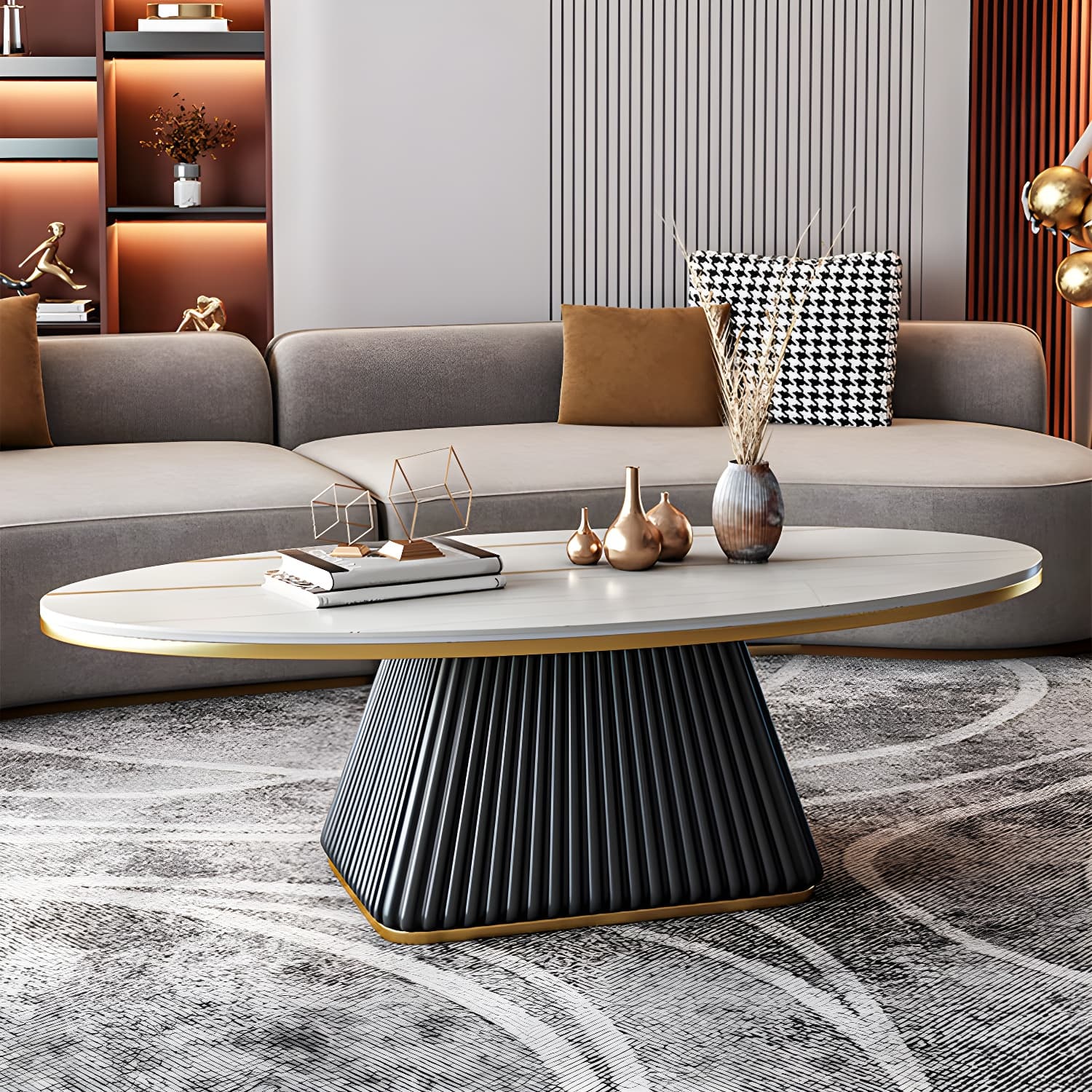 Elliptical Stone Coffee Table Pedestal 1 Single Cocktail Table - 17.72" H thumbnail 13