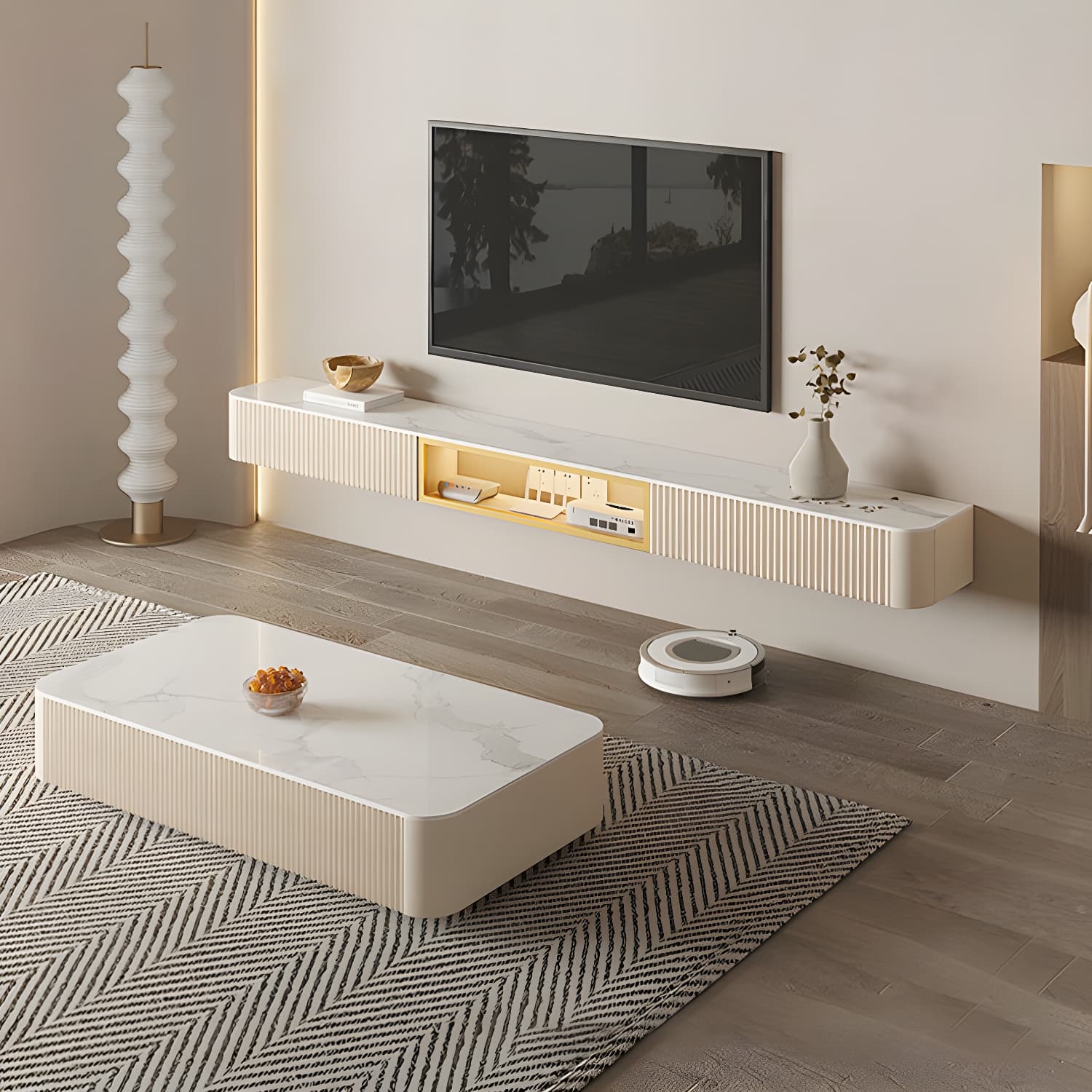 Contemporary TV Media Stand with Drawers Floating TV Stand Console thumbnail 3
