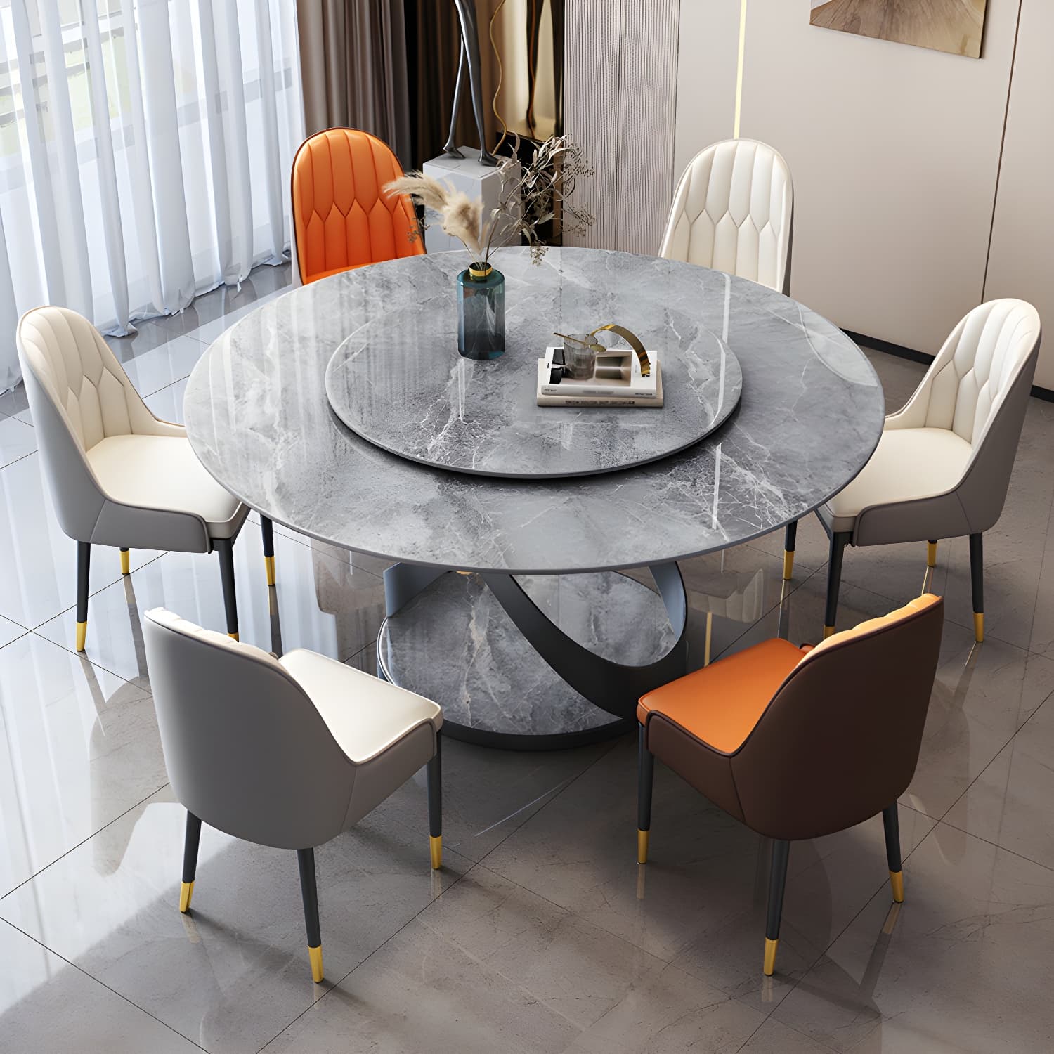 Modern Round Stone Top Lazy Susan Dining Table with Black Steel Pedestal thumbnail 7