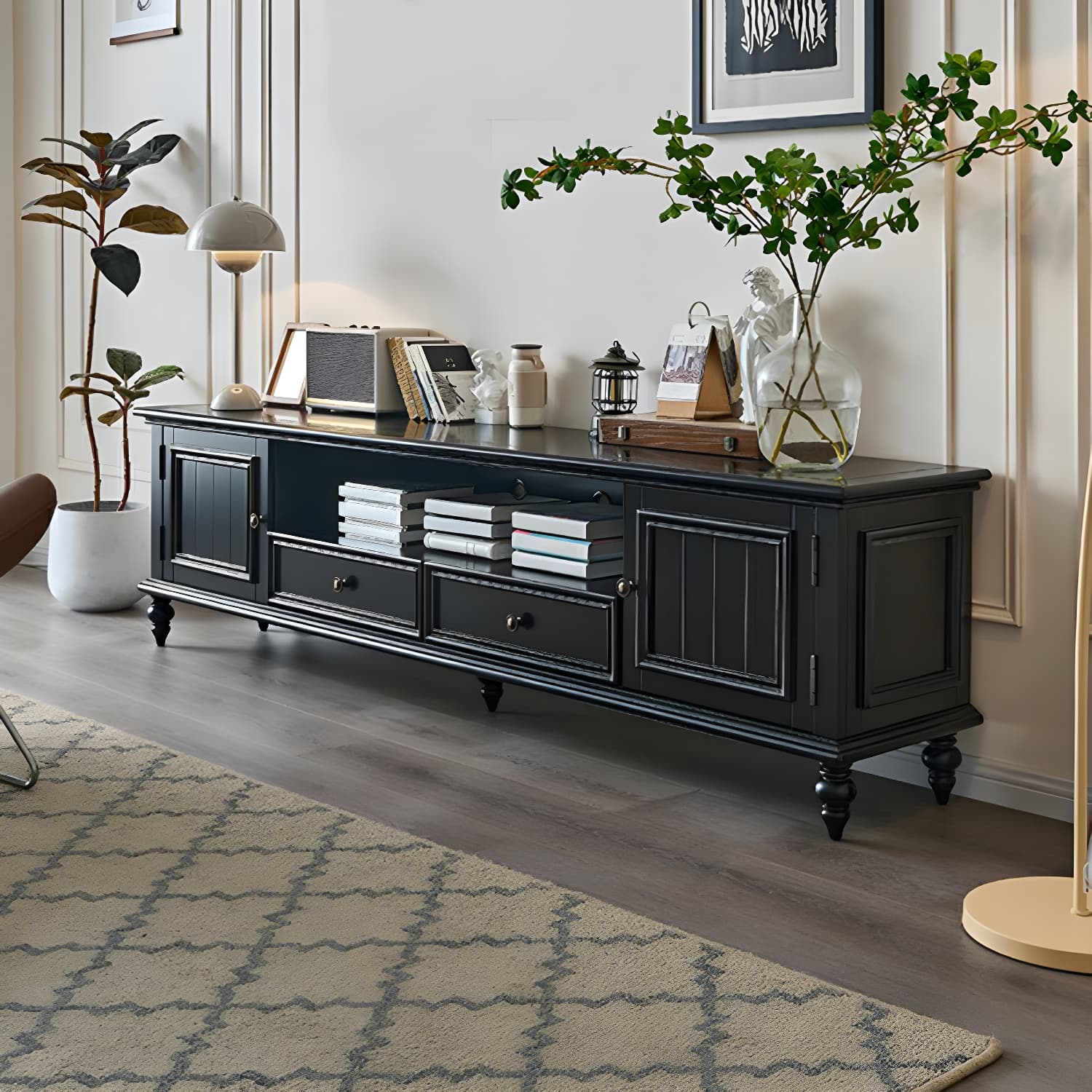 Modern Wood TV Stand with Open Storage & Cabinet Included - Standard Height - 3 Cabinets - With Legs thumbnail 4