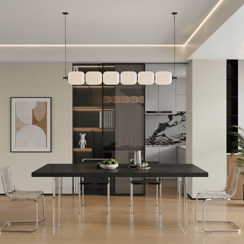 Minimalist Rectangular Dining Table Set with Two-sided Pedestal and Fixed Table, Featuring Back Chairs in Midnight Black thumbnail 2