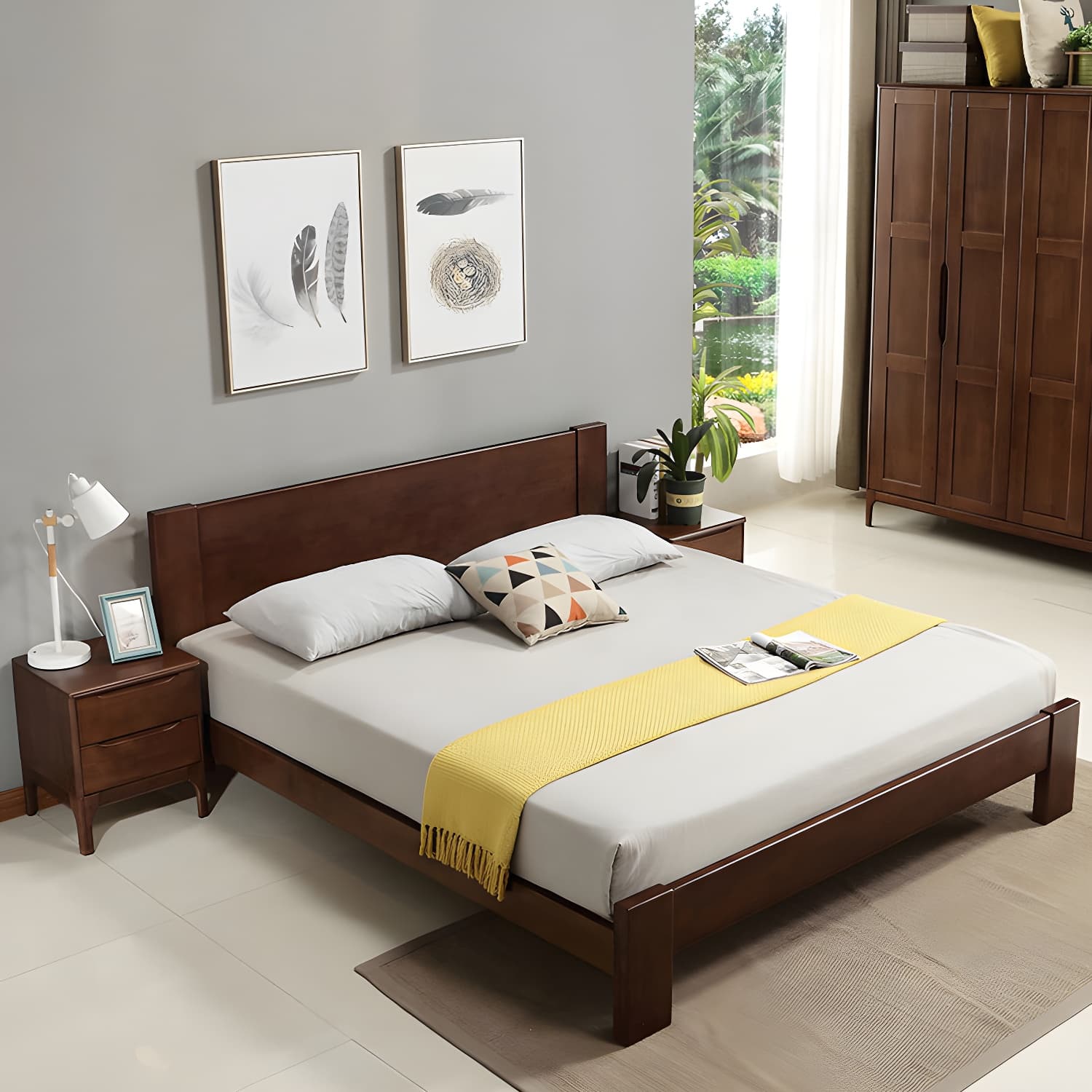 Modern Solid Color Panel Bed Rubberwood Standard Bed with Headboard thumbnail 5
