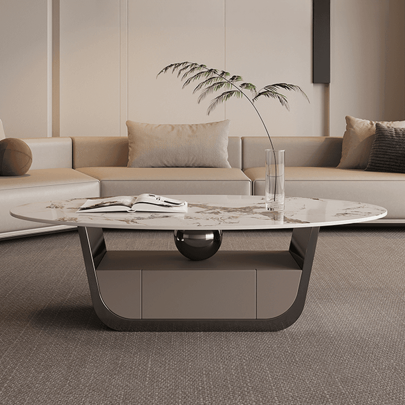 Glamorous Oblong Stone Coffee Table with Abstract Base, Scratch-proof and Drawer for Small Spaces thumbnail 4