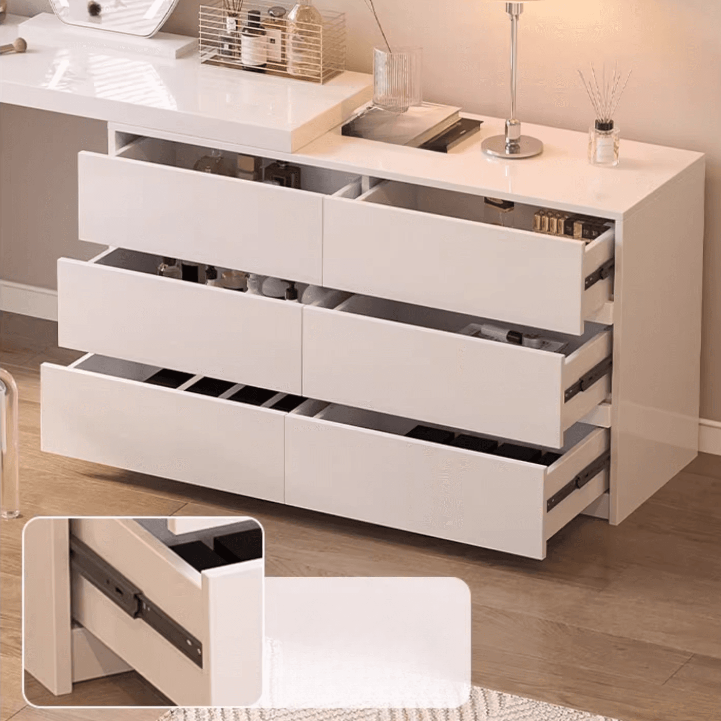 Large Vanity Set with Chalk Seating, 6 Drawers, Lumber Frame, Scalable 2-in-1 Design, and Chair thumbnail 5