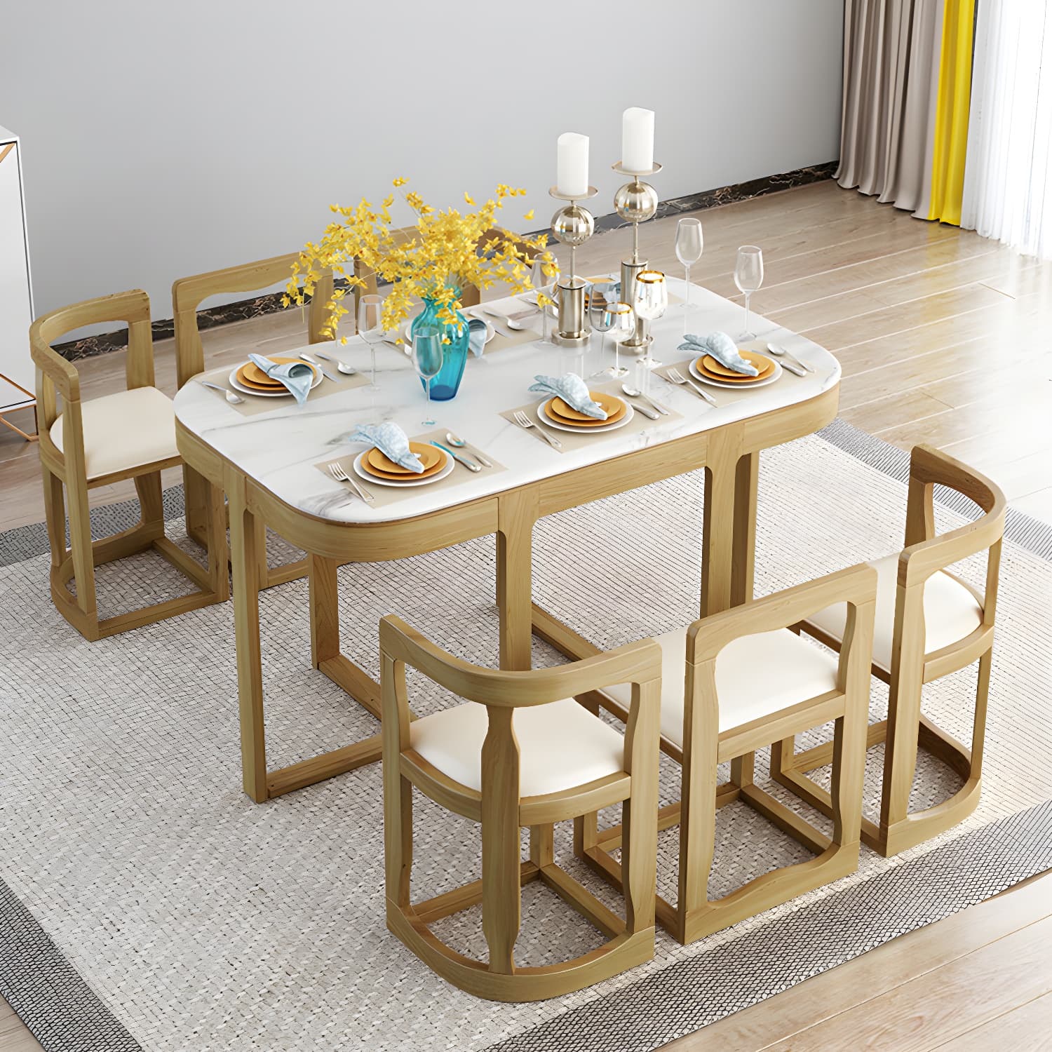 7-Piece Modern Wood Dining Set with Trestle Base and Upholstered Chairs in White - Seats 6 thumbnail 11