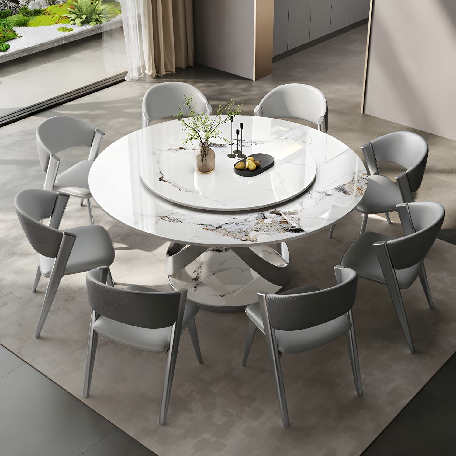 Stunning White Stone Round Dining Table with Lazy Susan and Silver Steel Pedestal Base thumbnail 4
