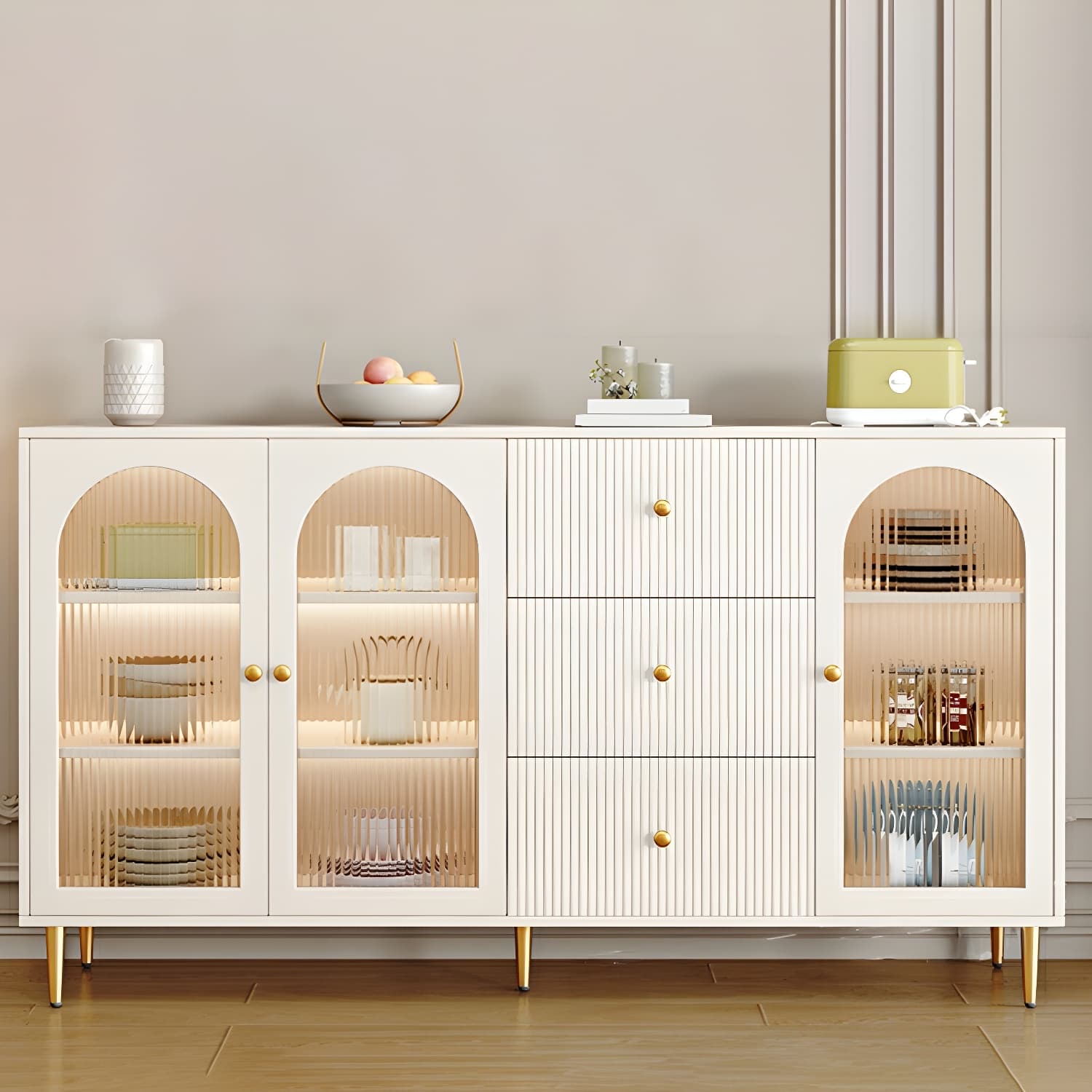 Glam White Wood Sideboard Credenza with Glass Doors and Adjustable Shelves thumbnail 14
