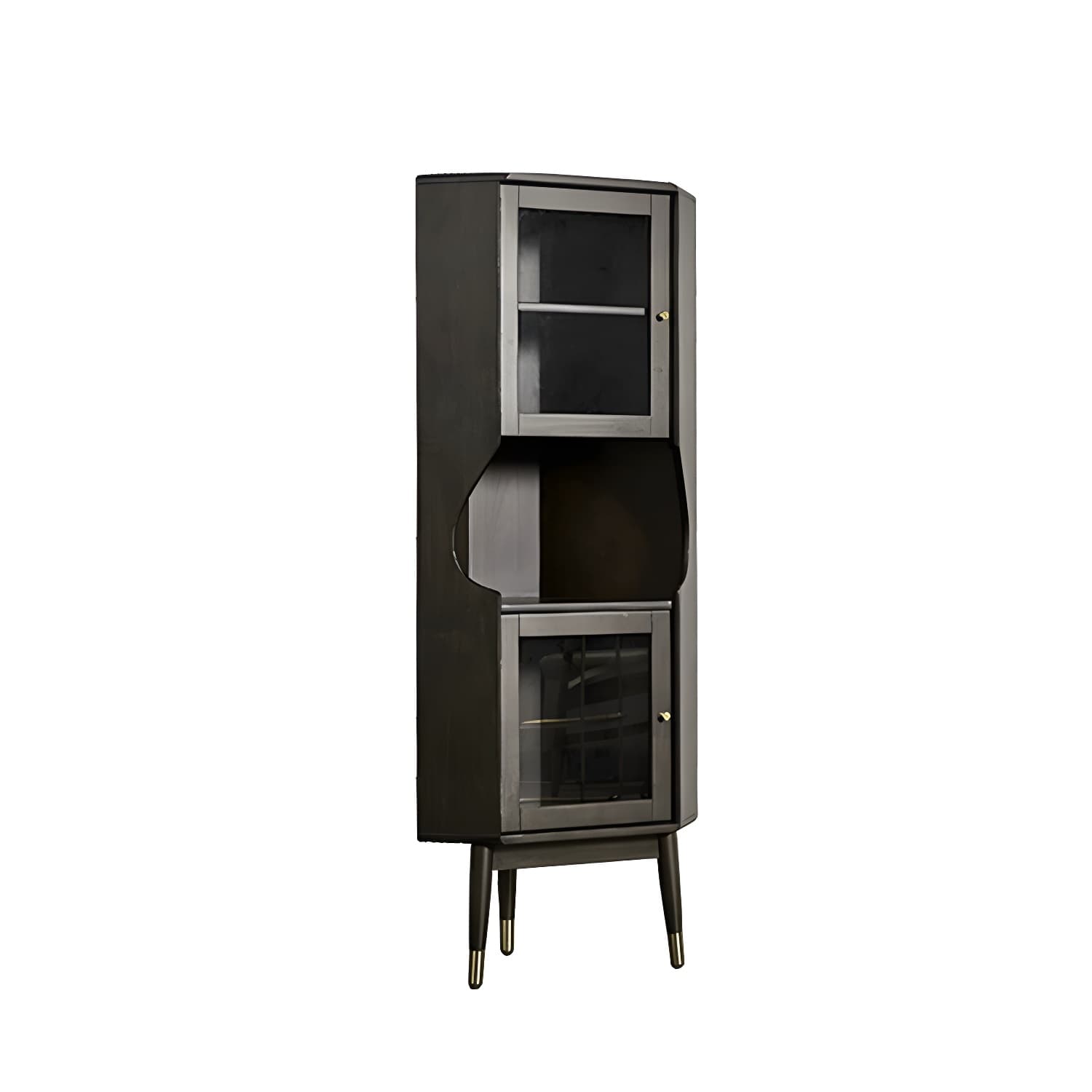 Corner Mid-Century Modern Accent Cabinet with Wood Countertop, Glass Doors, and 5 Shelves thumbnail 1