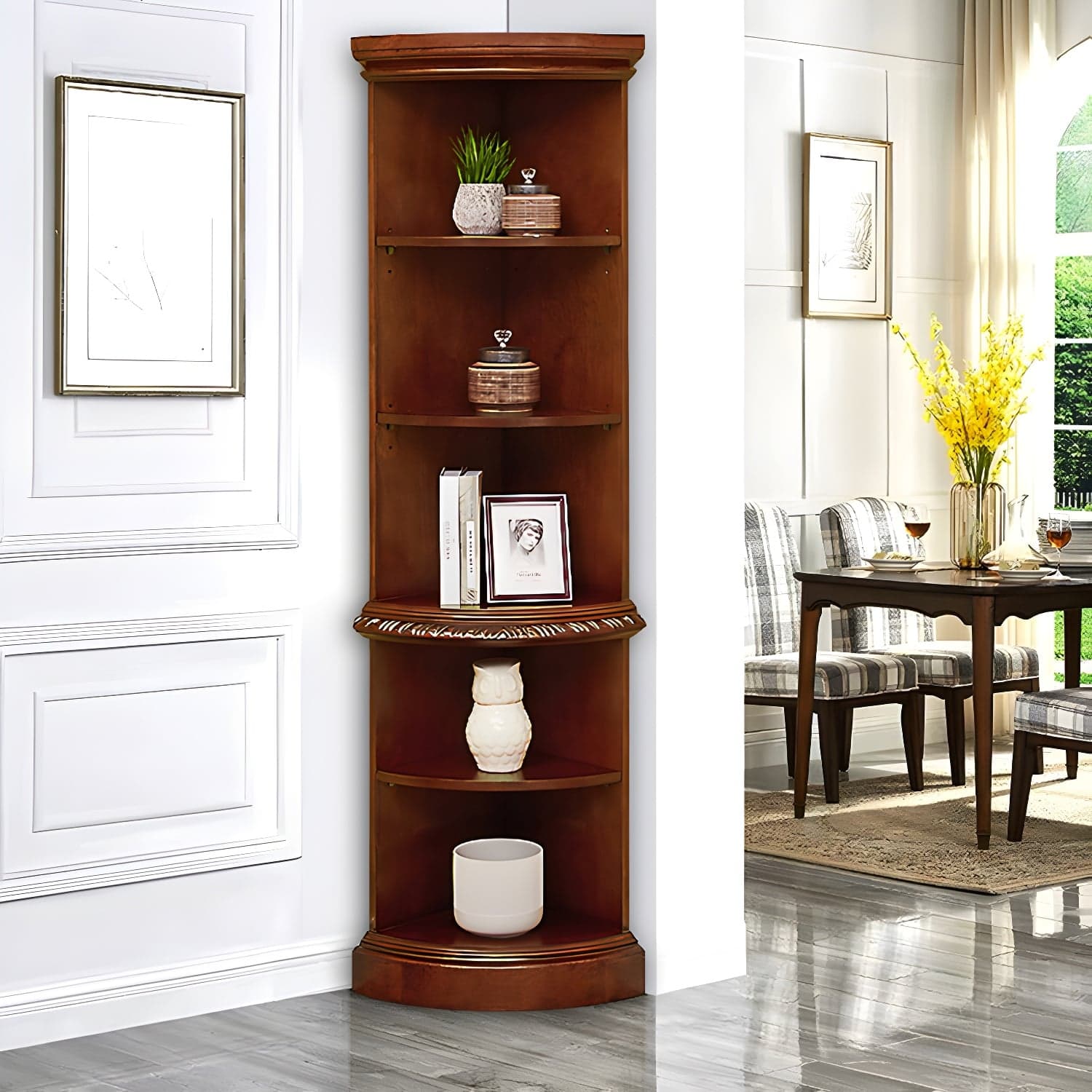 Solid Wood Triangle Corner Cabinet in Rubber Wood with Storage Shelves thumbnail 1