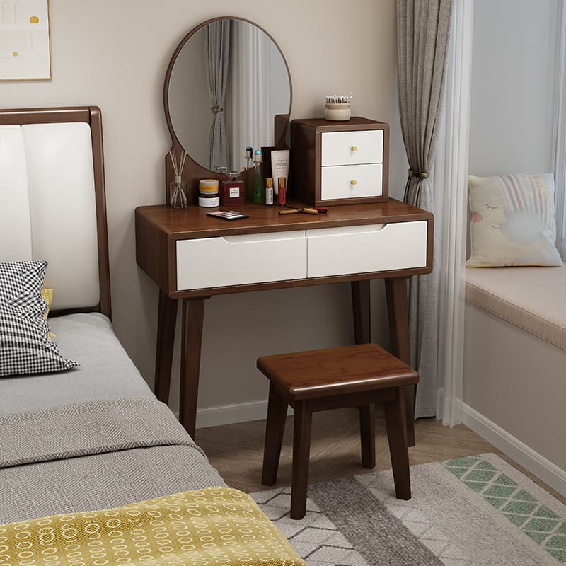 Contemporary Medium Wood Rubberwood Push-Pull Standing Makeup Vanity, No Suspended, Non-Upholstered Chair(s) thumbnail 6