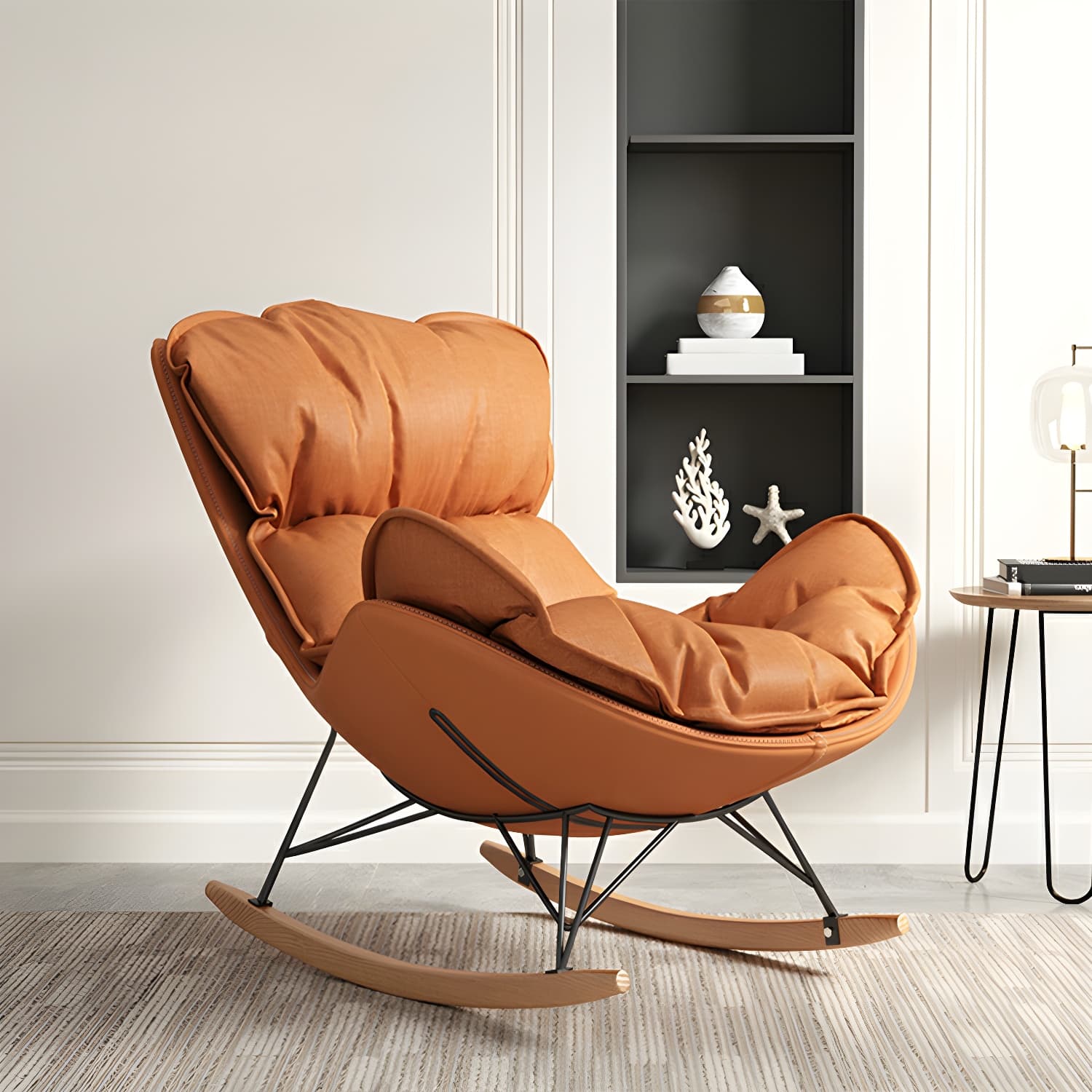 Modern Metal Rocking Chair with Upholstered Seat - Brown Legs, Removable Cushions thumbnail 10