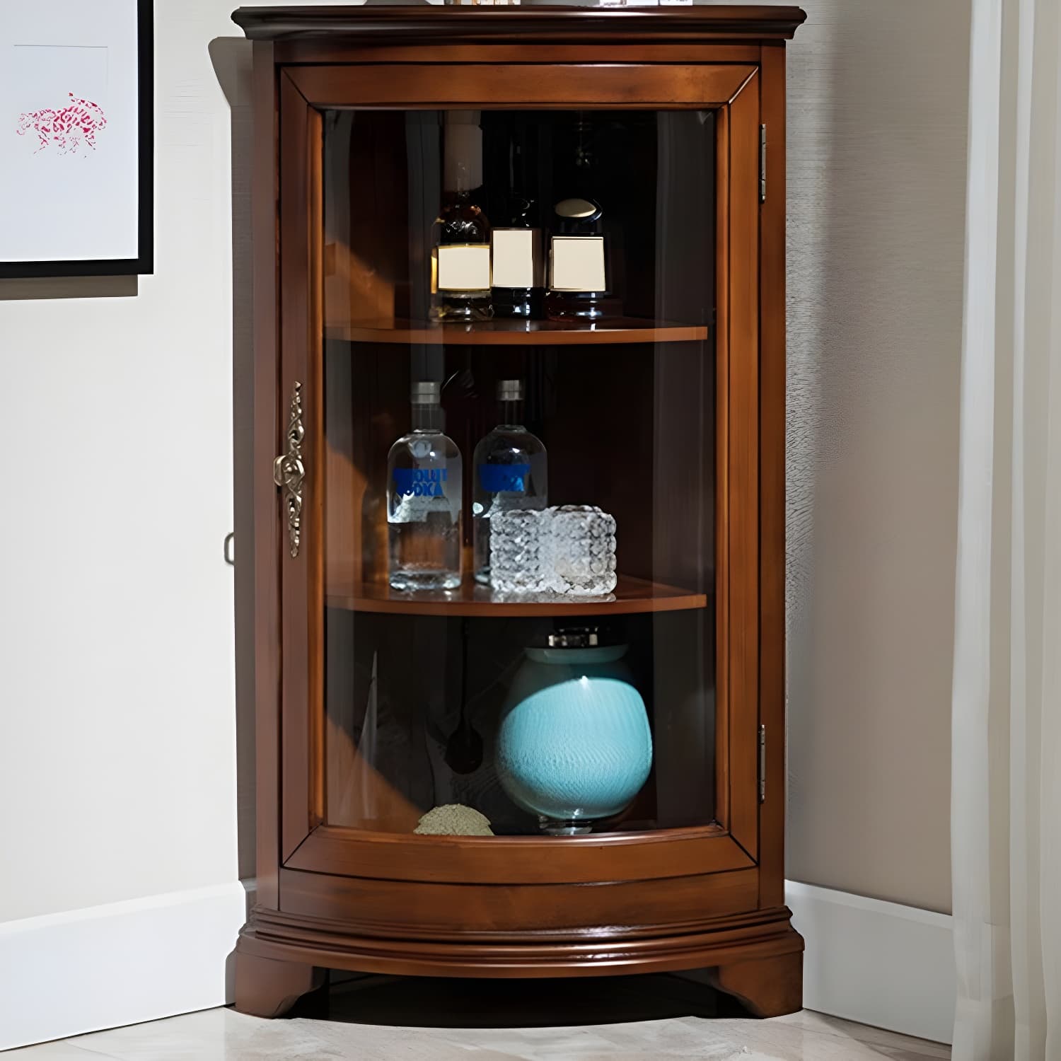 Mid-century Modern Brown Corner Cabinet, Wooden Accent Cabinet with Shelves thumbnail 3