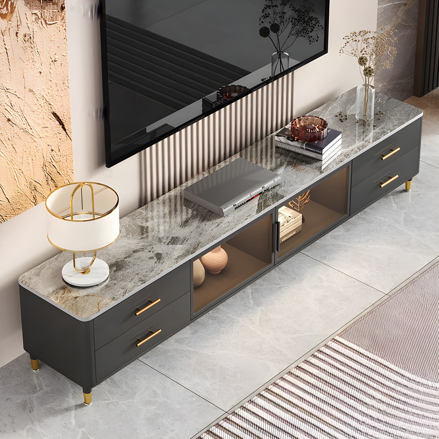 Stone Top Media Console Contemporary TV Media Stand with Metal Legs thumbnail 6
