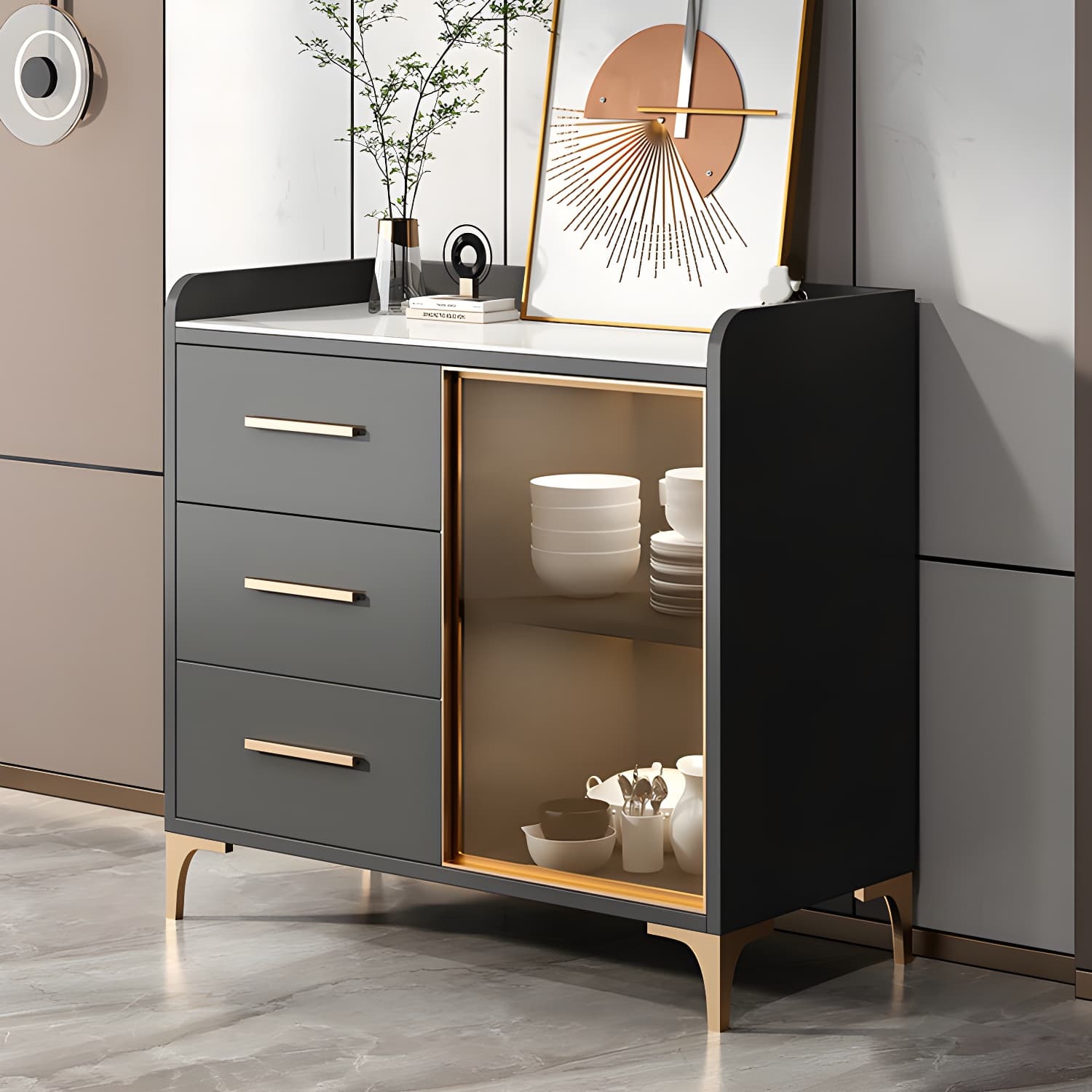 Glam Style Sideboard Wood Glass Doors Side Board with Cabinets and Drawers without Light thumbnail 5