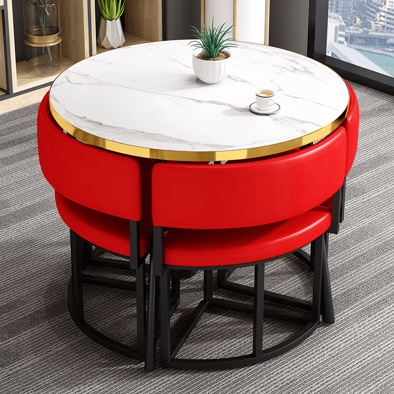 Art Deco Circular-shaped Upholstered Chair Metal & Faux Wood Dining Table Set with Upholstered Back in White, 5 Pieces thumbnail 14