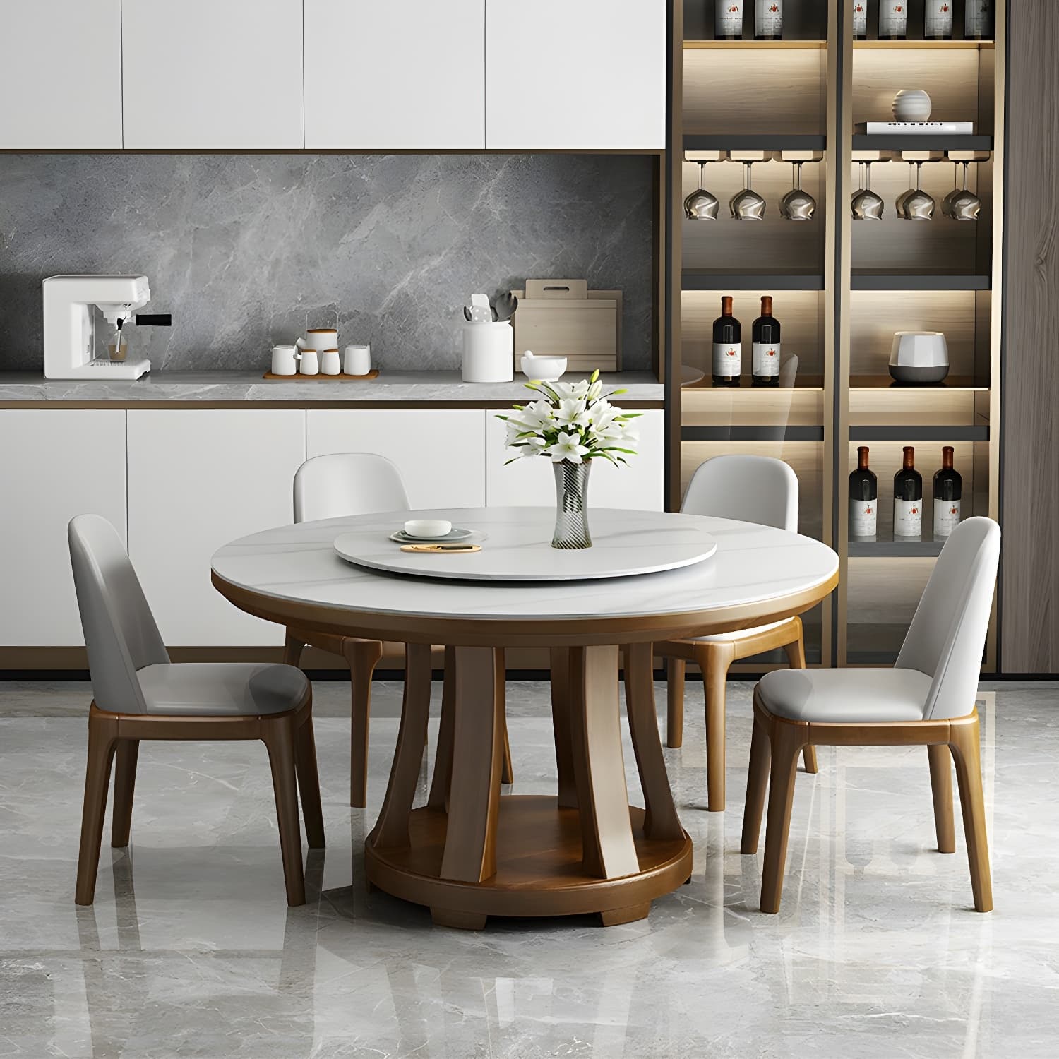 Modern Wood Dining Table Set with White Table top and Solid Wood Brown Base thumbnail 2