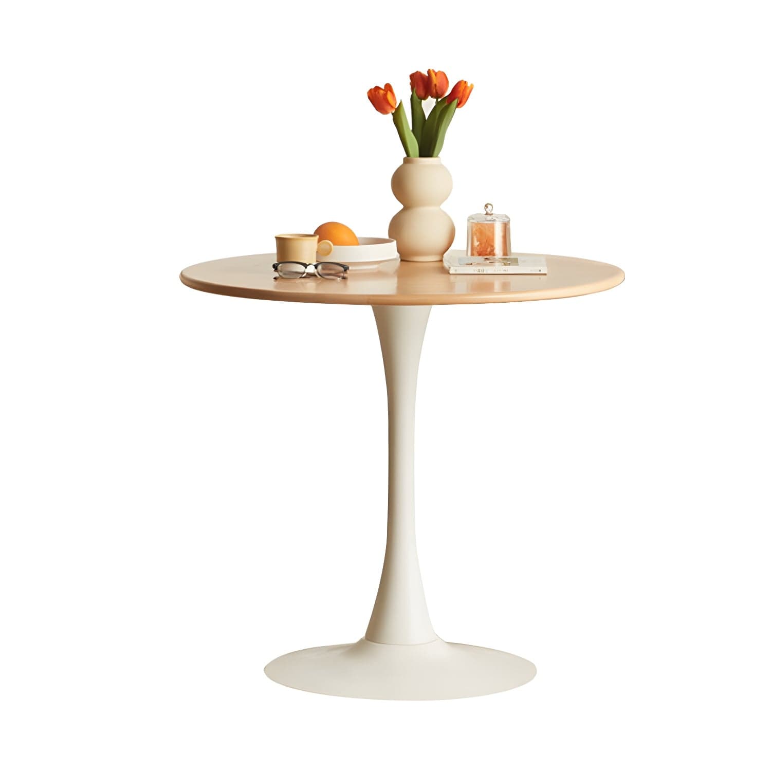 Chic Round Wood Dining Table with Medium Wood Tone and Sleek Steel Tulip Base thumbnail 2