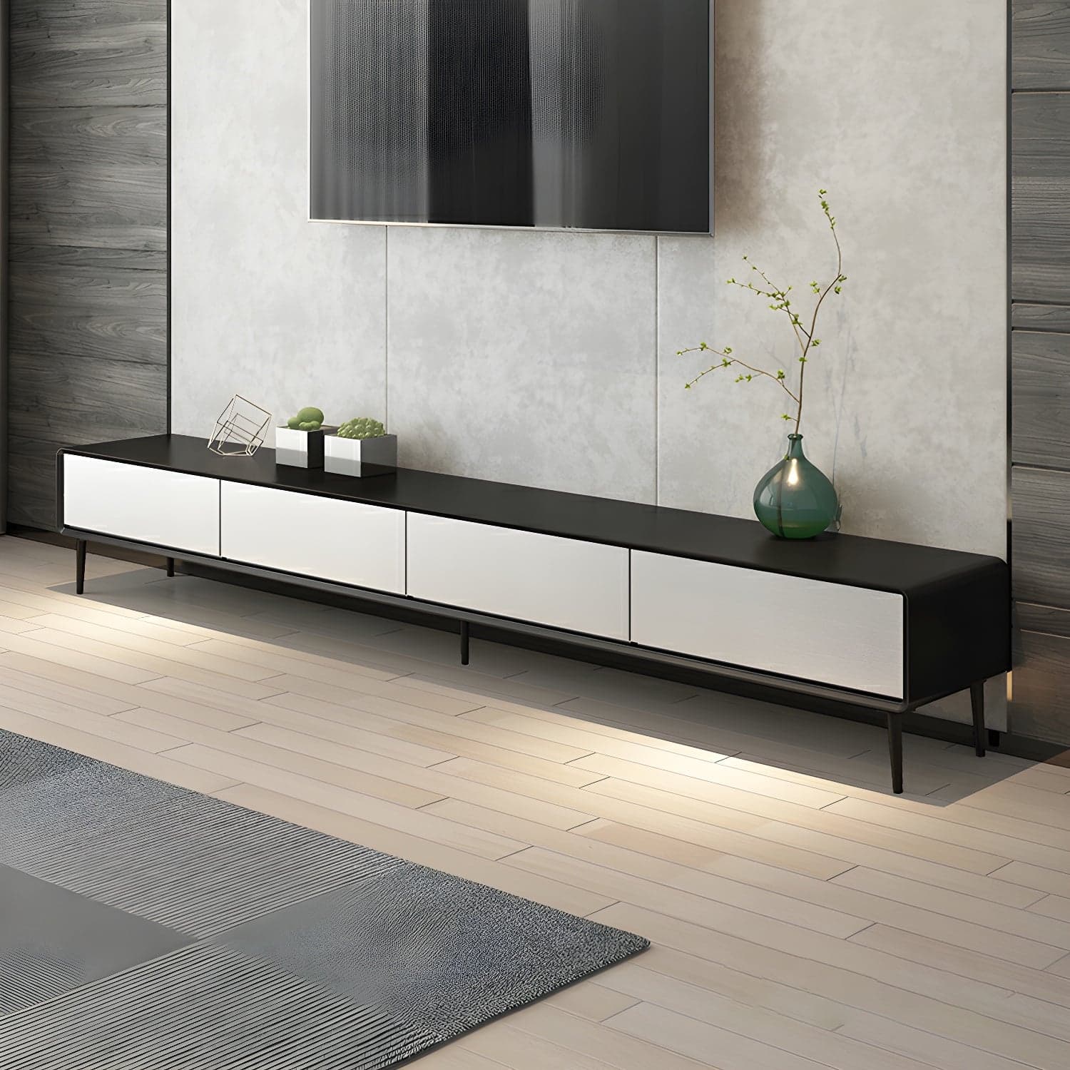 Modern Wooden Long and Low TV Stand with 4 Drawers, No Assembly Required, Dark Tone thumbnail 3