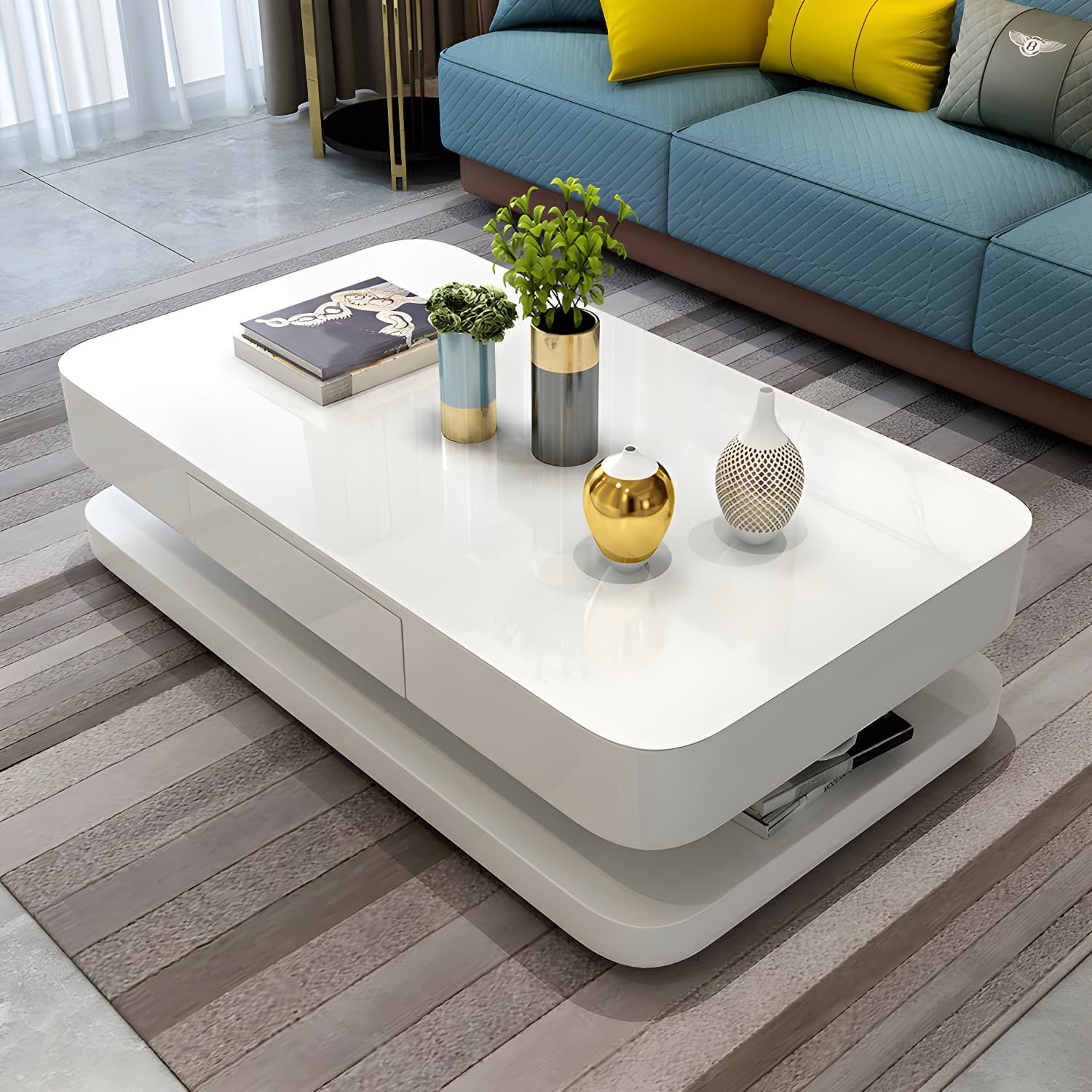 White Modern Coffee Table with Rectangular Wood Top & Block Base thumbnail 2
