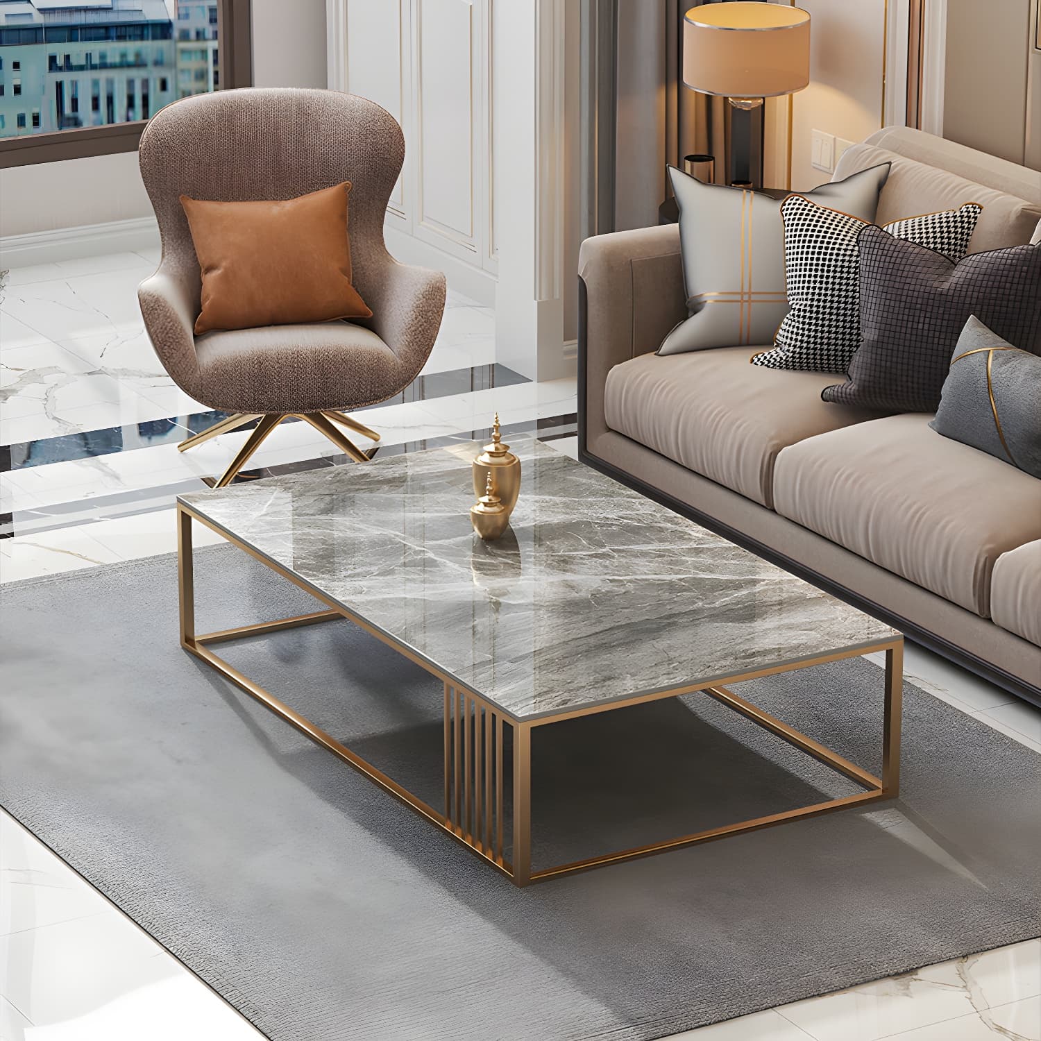 Glam Style Gold Iron Frame Coffee Table Gray Slate Table Top Coffee thumbnail 3