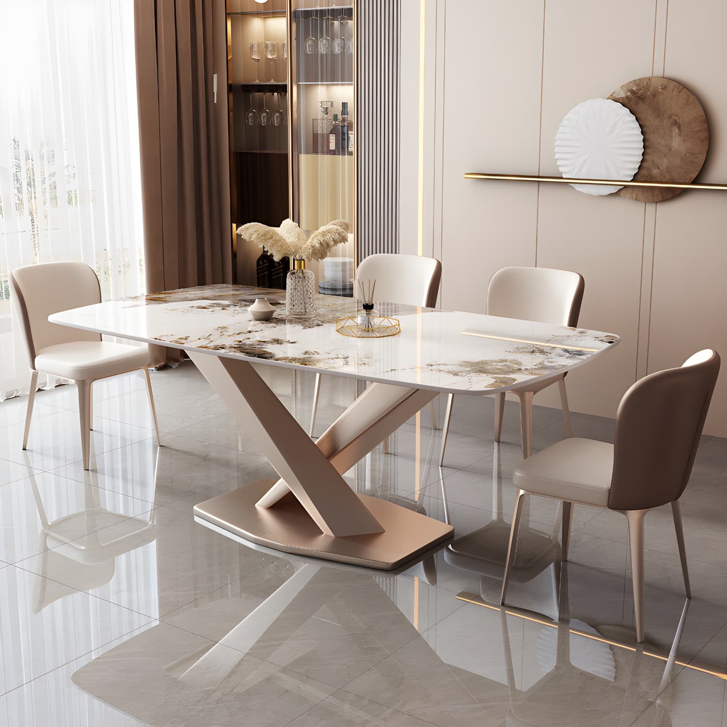 Modern Sintered Stone Top Dining Set Rectangle 1/2/5/7 Pieces Dinette Table Set in Gold thumbnail 1