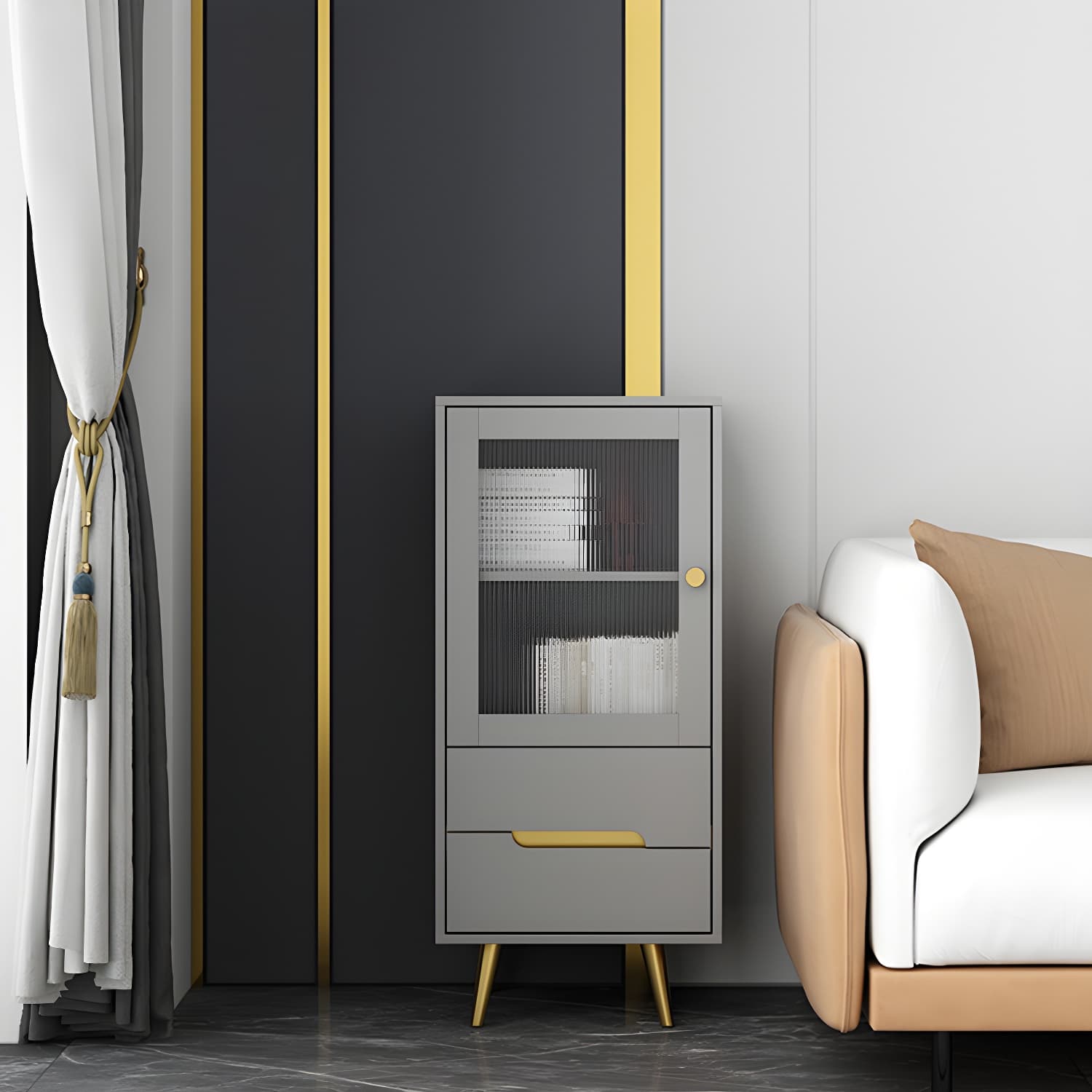 Modern Wooden Accent Cabinet with 2 Drawers and Glass Door Cabinet thumbnail 4