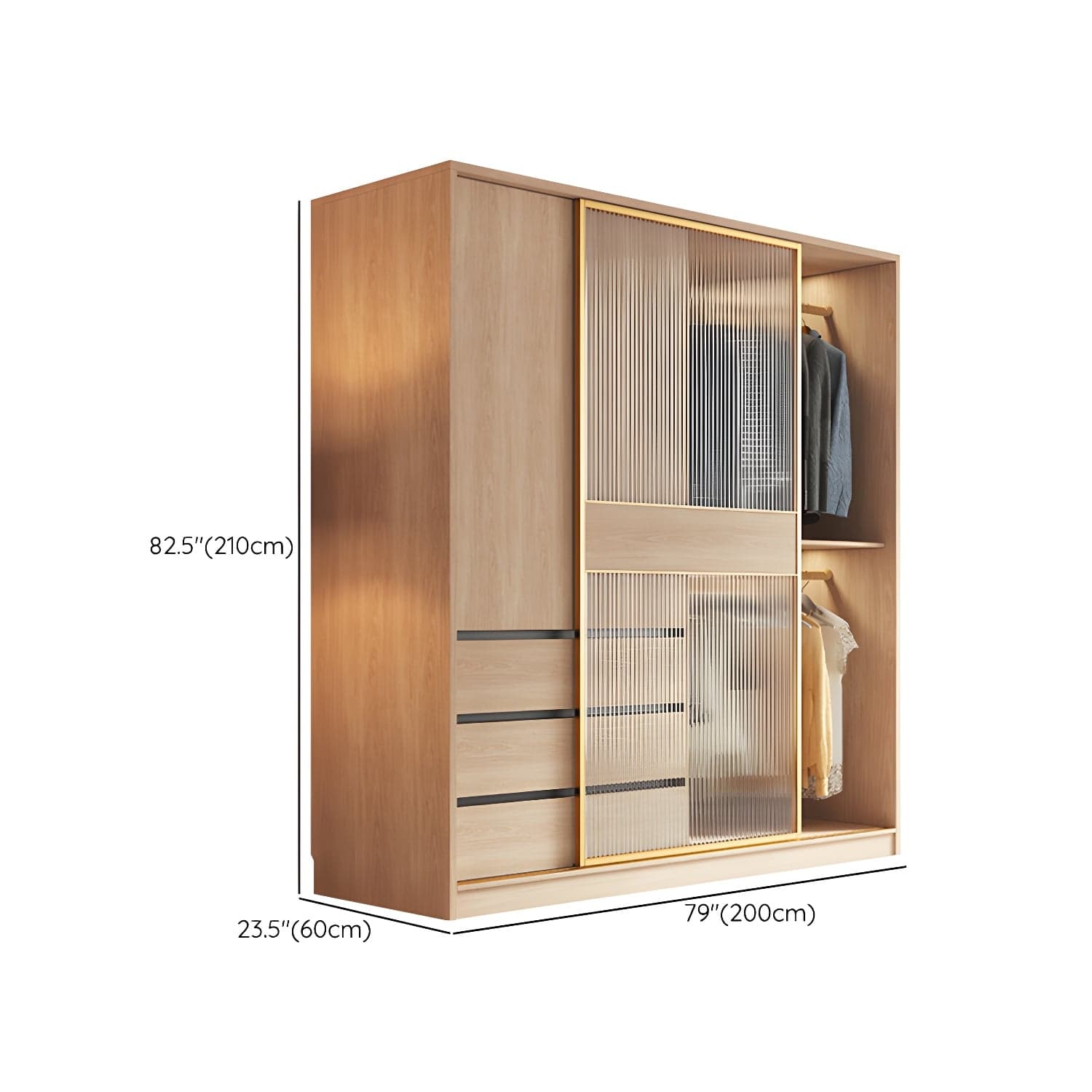 Contemporary Glass Sliding Doors Wardrobe Natural Wood Wardrobe with Drawers thumbnail 16