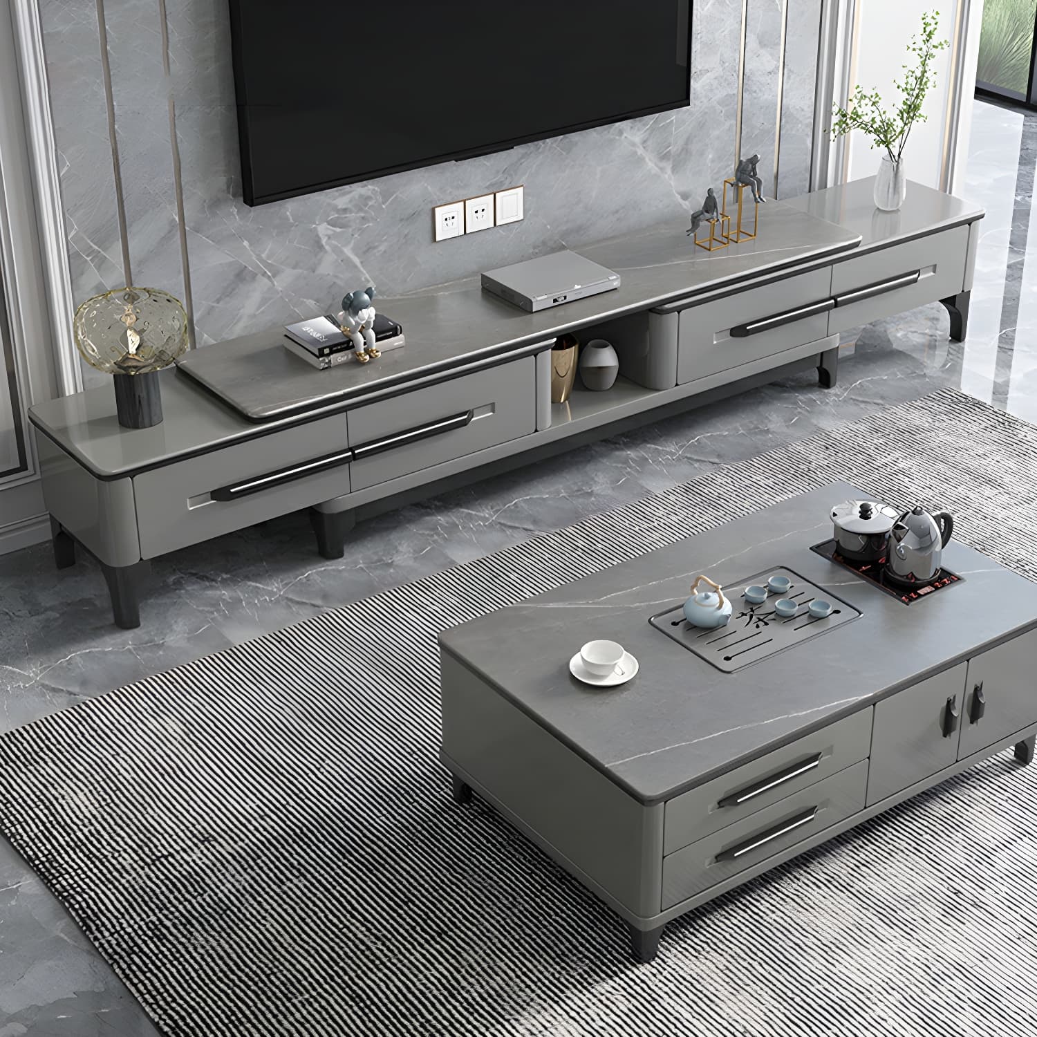 Modern Stone TV Stand with Long Length, Open Storage and Drawers featuring Wood Shelves thumbnail 6