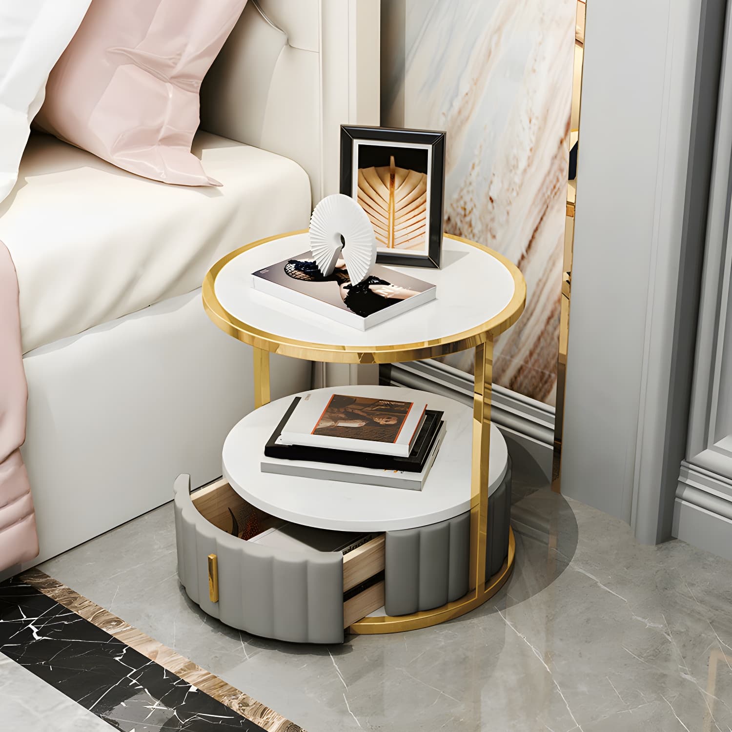 Modern Open Storage Nightstand Stone Top 20 Inch Tall 1-Drawer Night Table thumbnail 2