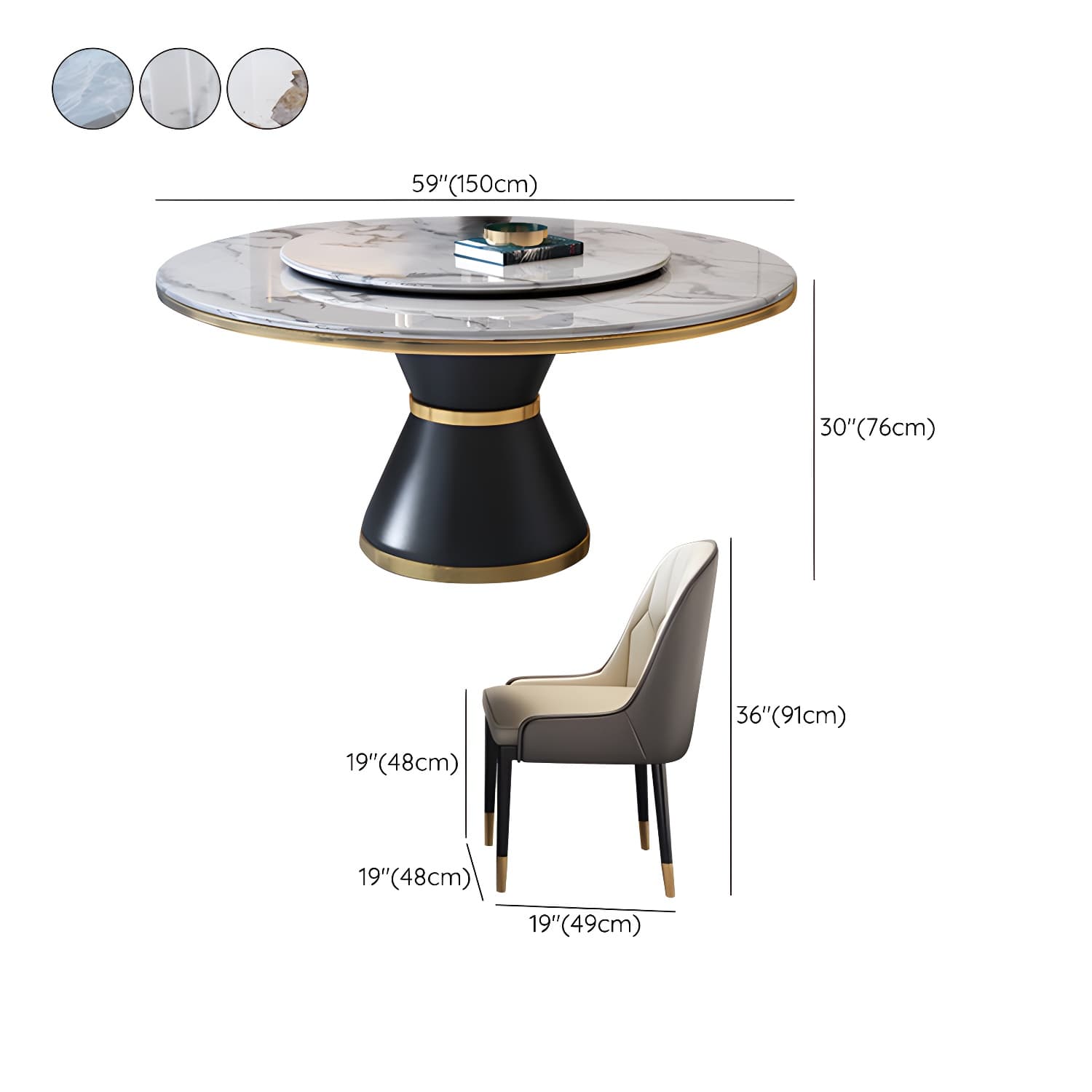 Glam Round Stone Dining Set in White - Fixed Table with Black Metal Pedestal Base thumbnail 17