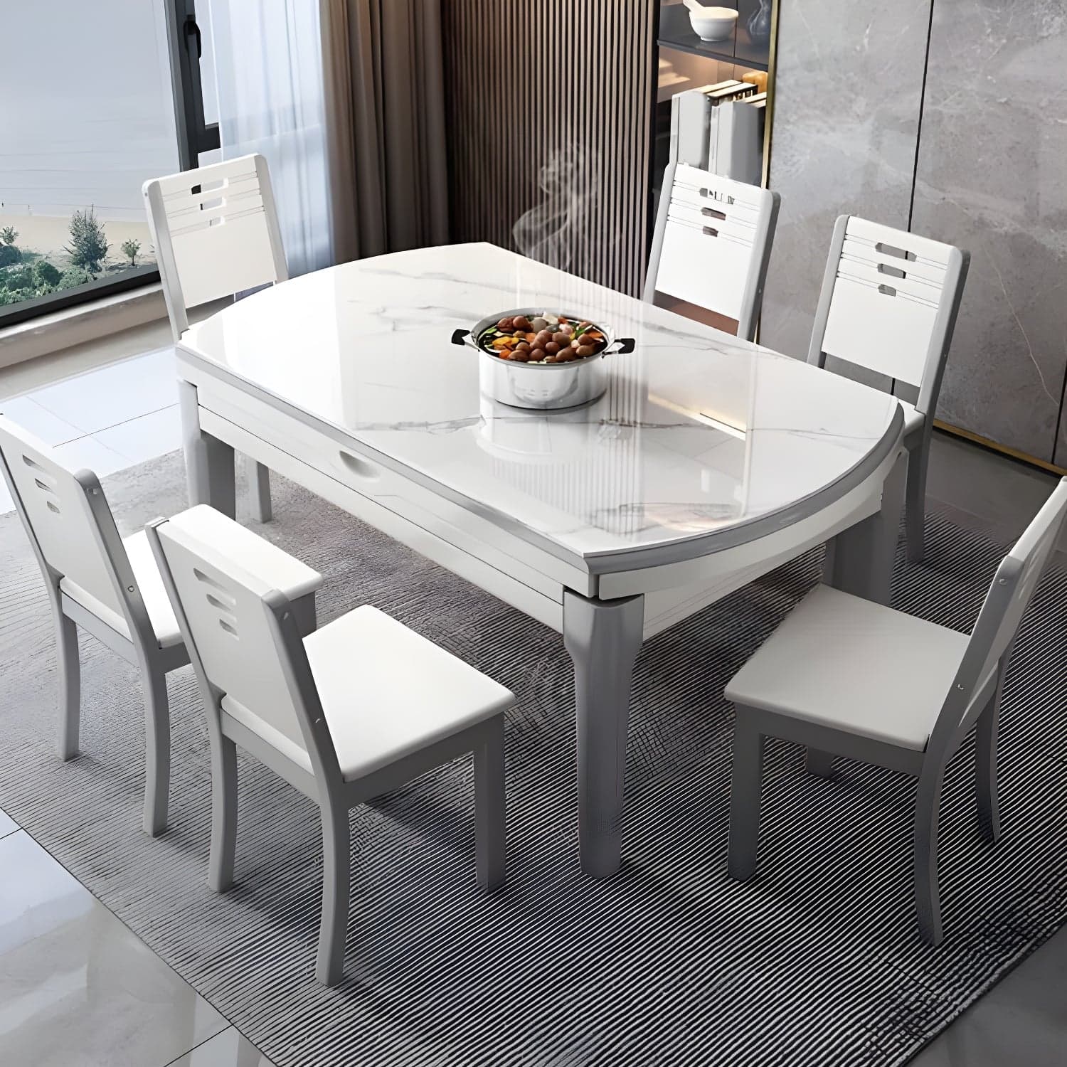Modern Style Stone Furniture 7 Pcs Round Shape Dinette Table with Dining Chairs thumbnail 2