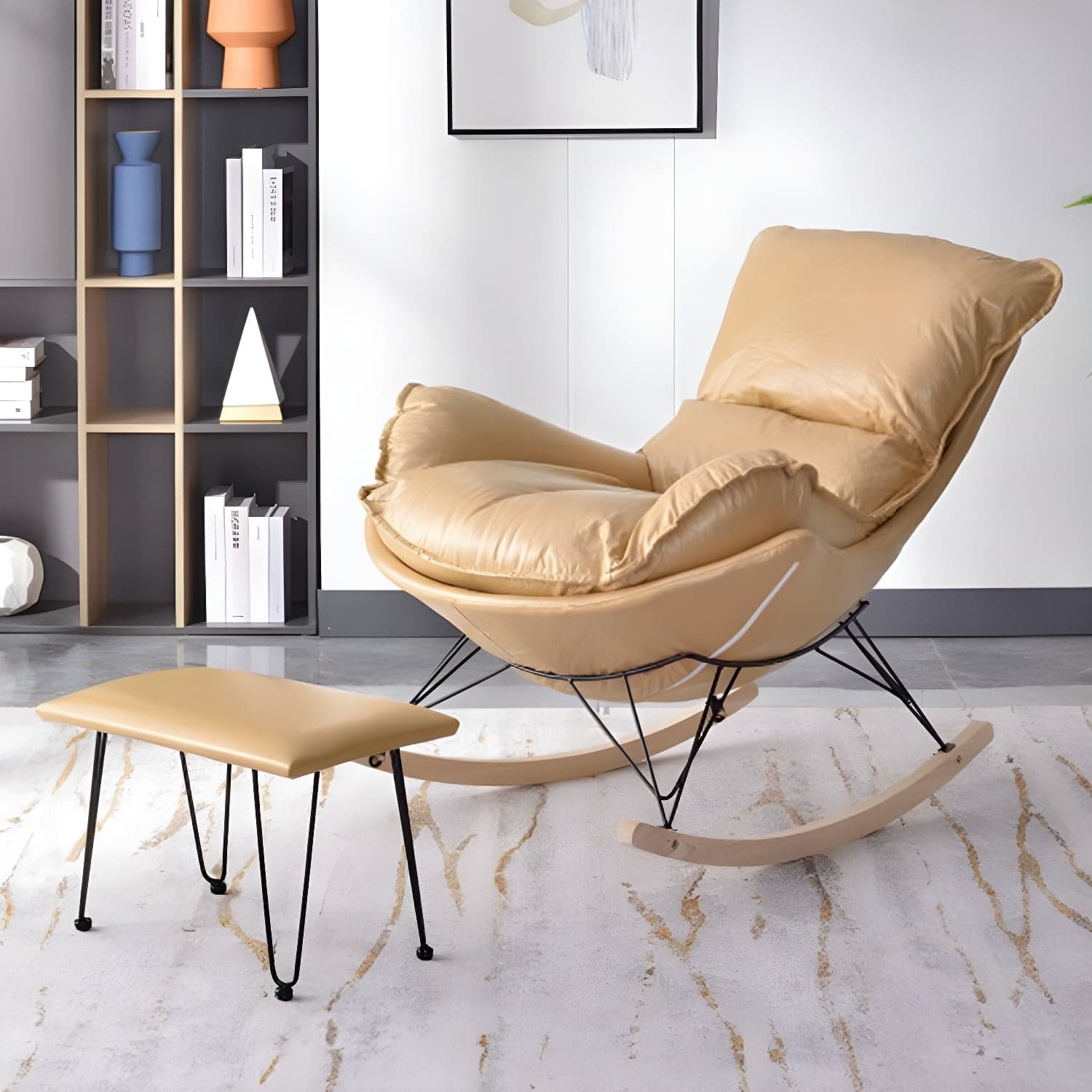 Modern Upholstered Rocking Chair with Ottoman Set - Natural Wood Legs thumbnail 10