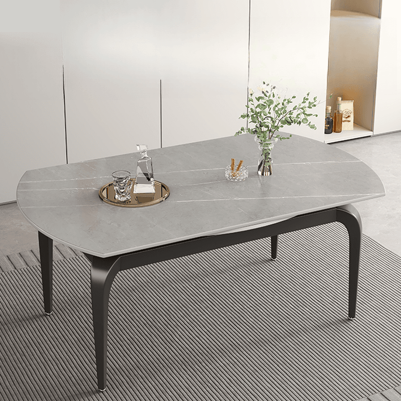 Minimalist Rounded Slate Stone Dining Table Set with 4 Legs and Padded Chair Back, Available in 9-piece/7 Piece Set/5-piece thumbnail 1