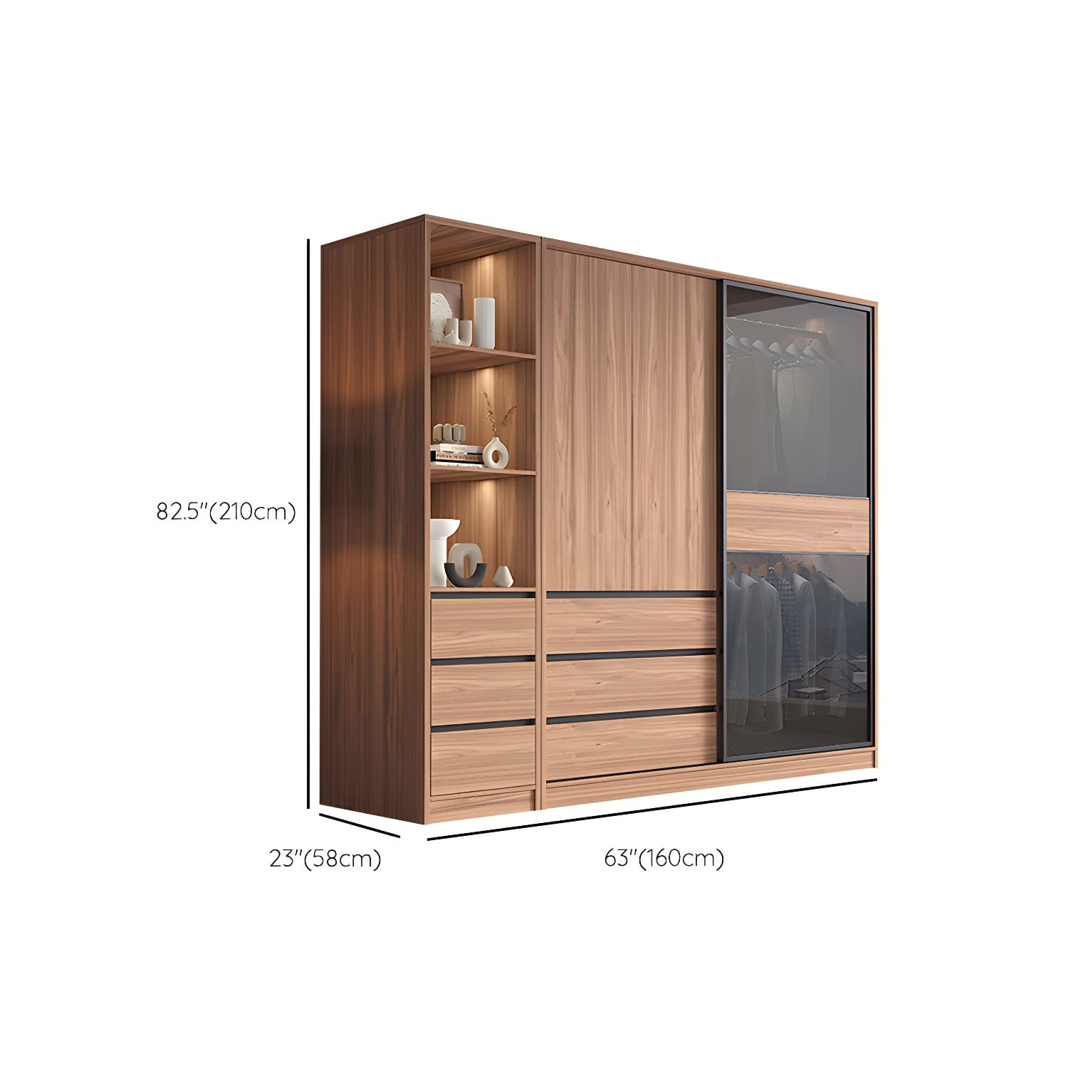 Glass and Wood Wardrobe Cabinet Brown Wardrobe Armoire with Garment Rod thumbnail 21