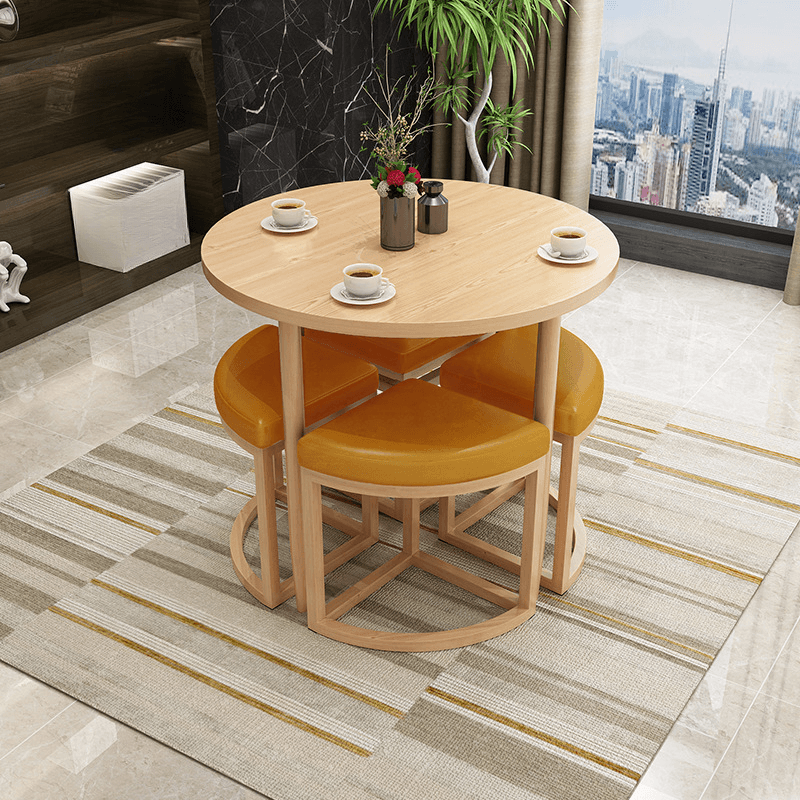 Reclaimed Wood Round Dining Table Set with Metal Toboggan Base and Upholstered Backless Chairs for 4 People thumbnail 35
