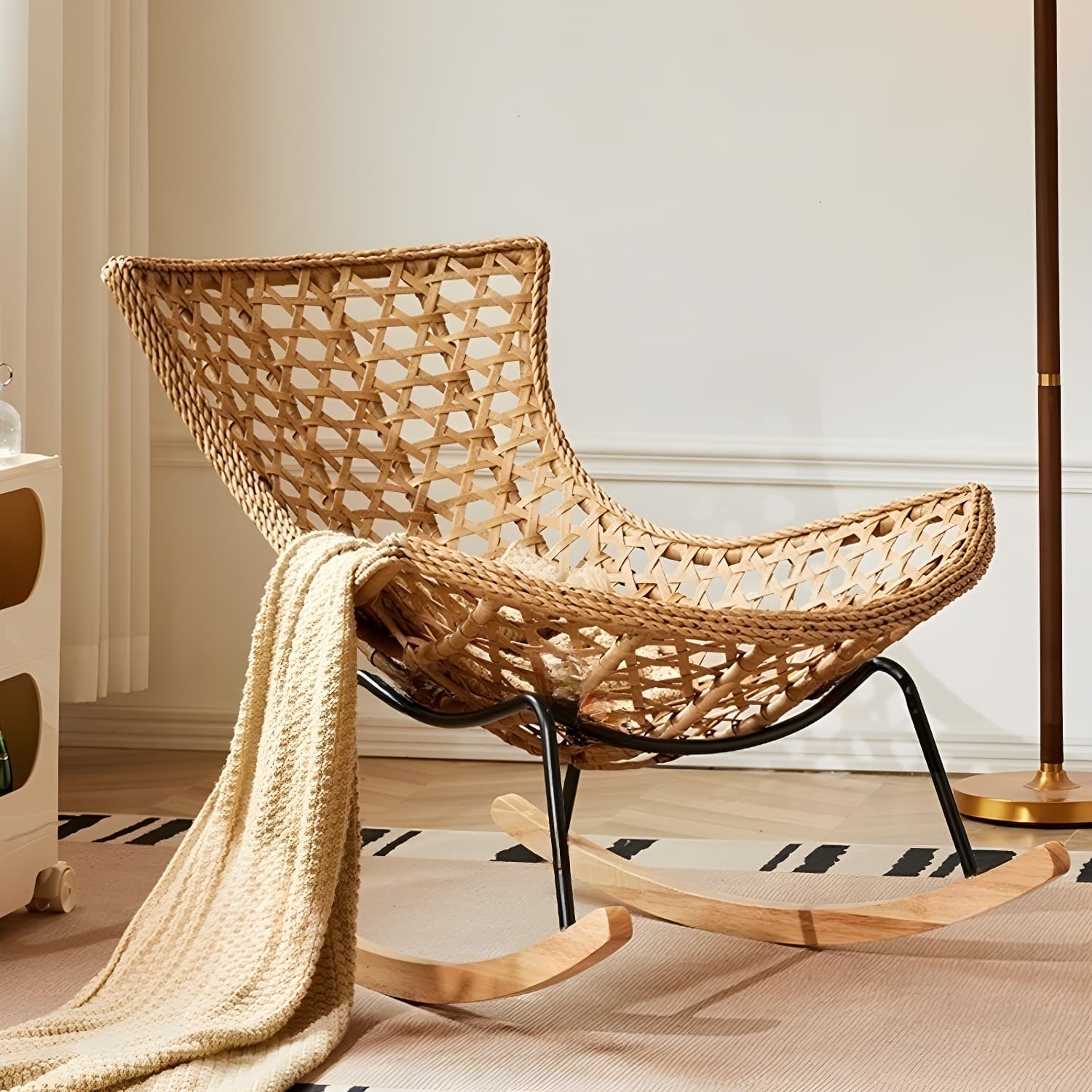 Traditional Armless Design Indoor Rocking Chair with rattan Frame and Nature Wood Legs thumbnail 26
