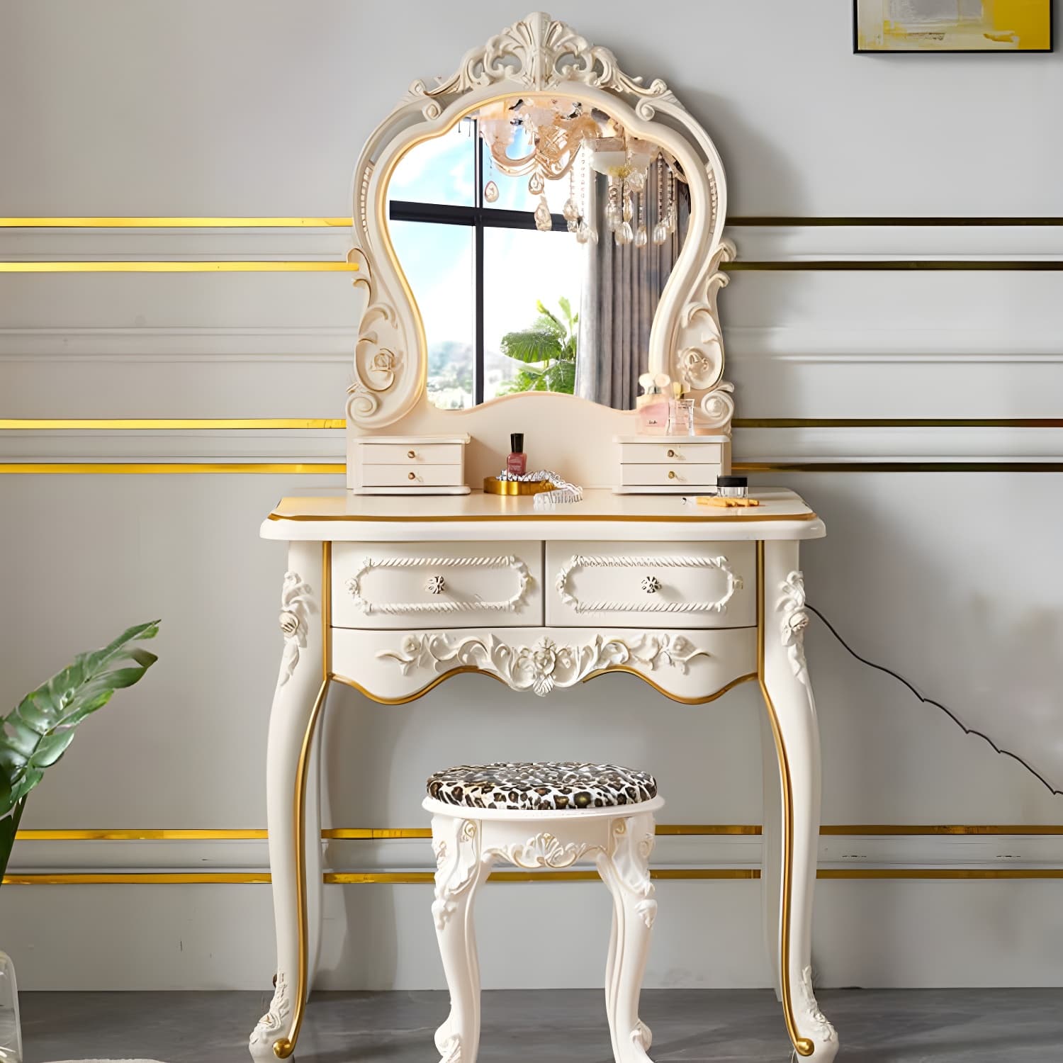White Victorian Wood Vanity Dressing Table with Drawers Mirrored Makeup Vanity thumbnail 3