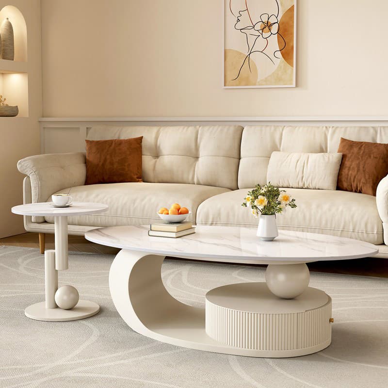 Oval White Stone Modern Coffee Table with Metal Abstract Base thumbnail 5